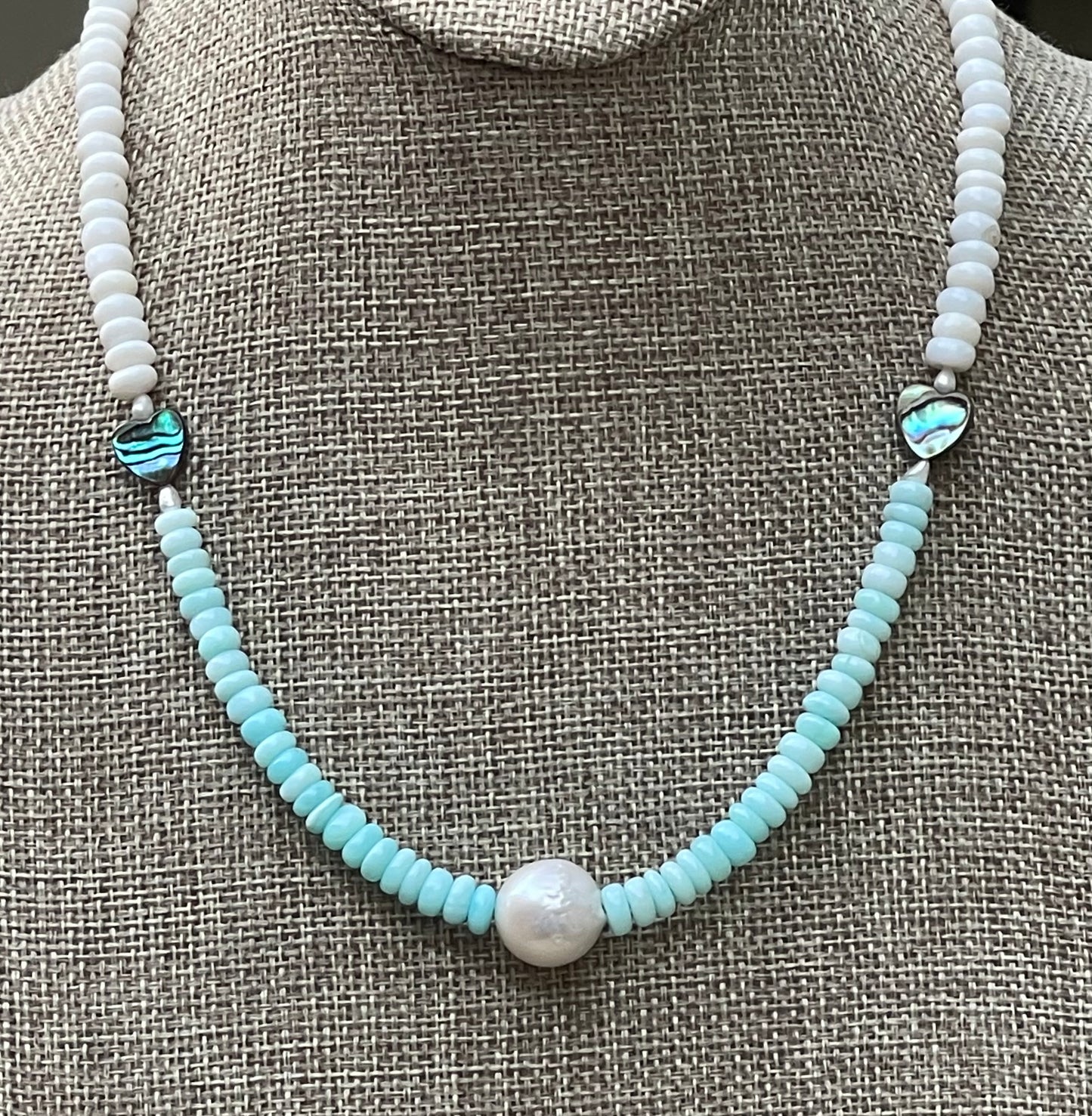 Abalone Hearts Necklace:Peruvian blue &white Opals Abalone shell 🩵 Baroque Pearl OOAK