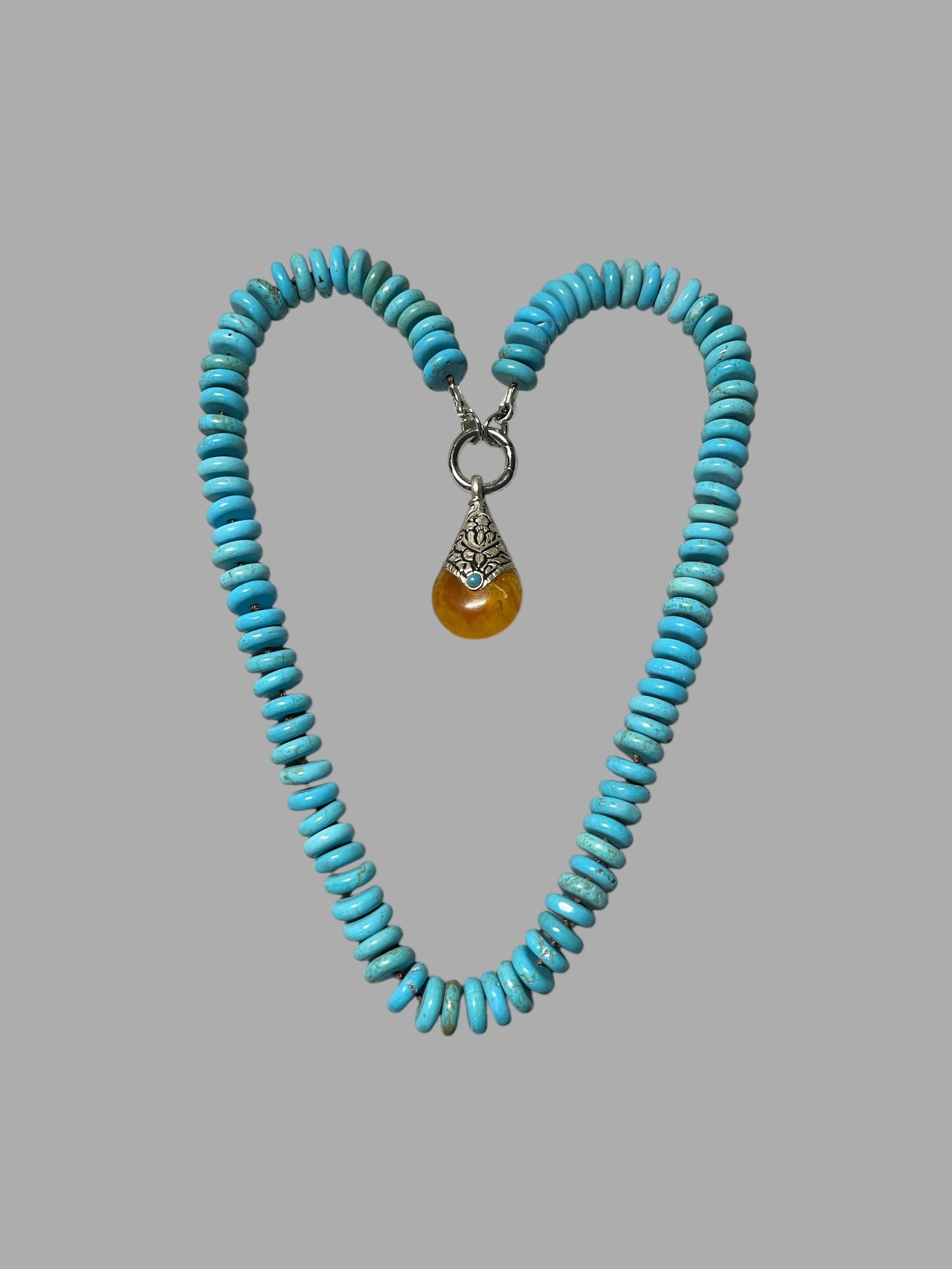 Desert Sky Necklace: Quality Natural Turquoise Hand-knotted on Deep Brown Silk w Pendant Wear 2 Ways