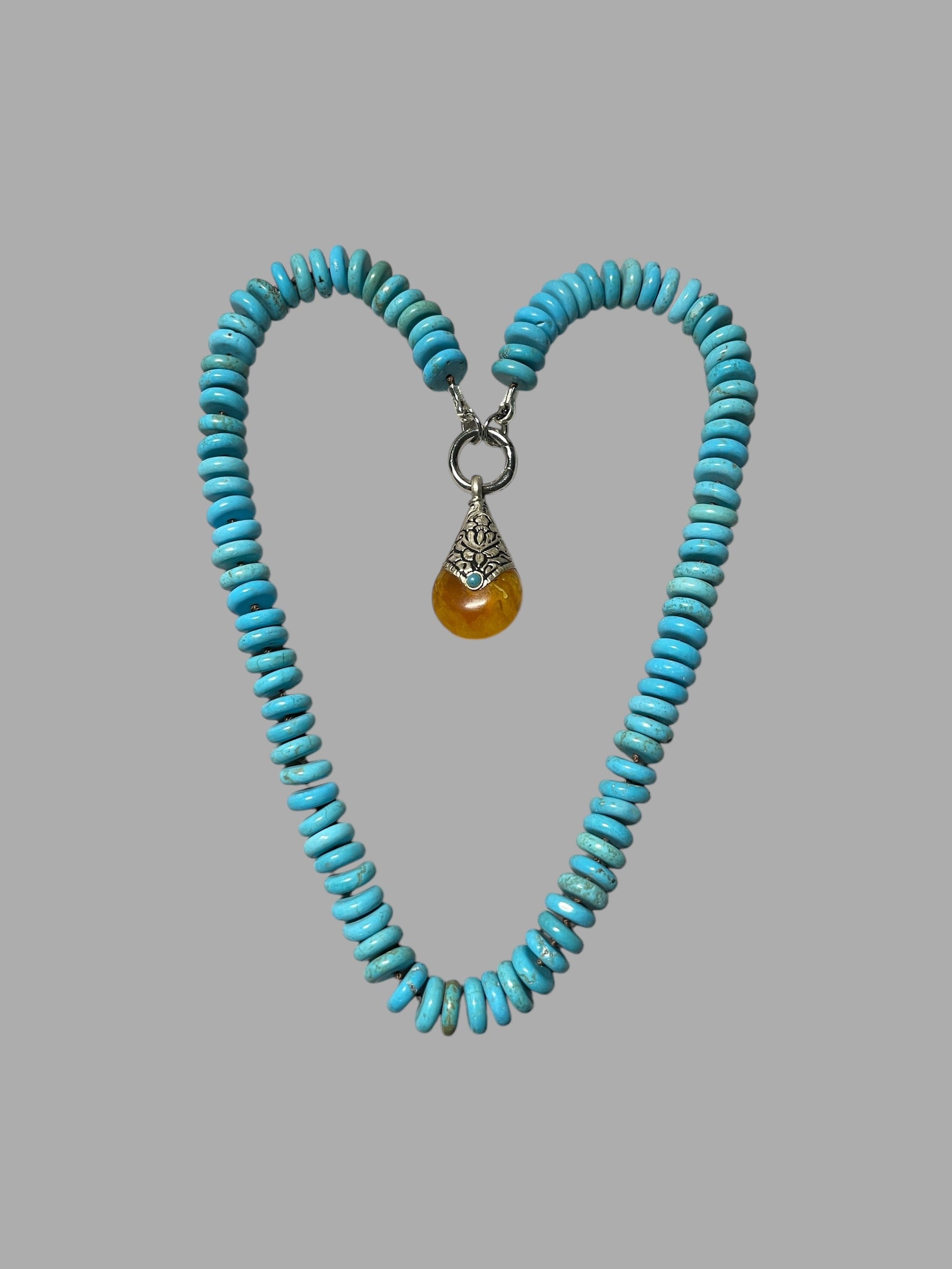Desert Sky Necklace: Quality Natural Turquoise Hand-knotted on Deep Brown Silk w Pendant Wear 2 Ways