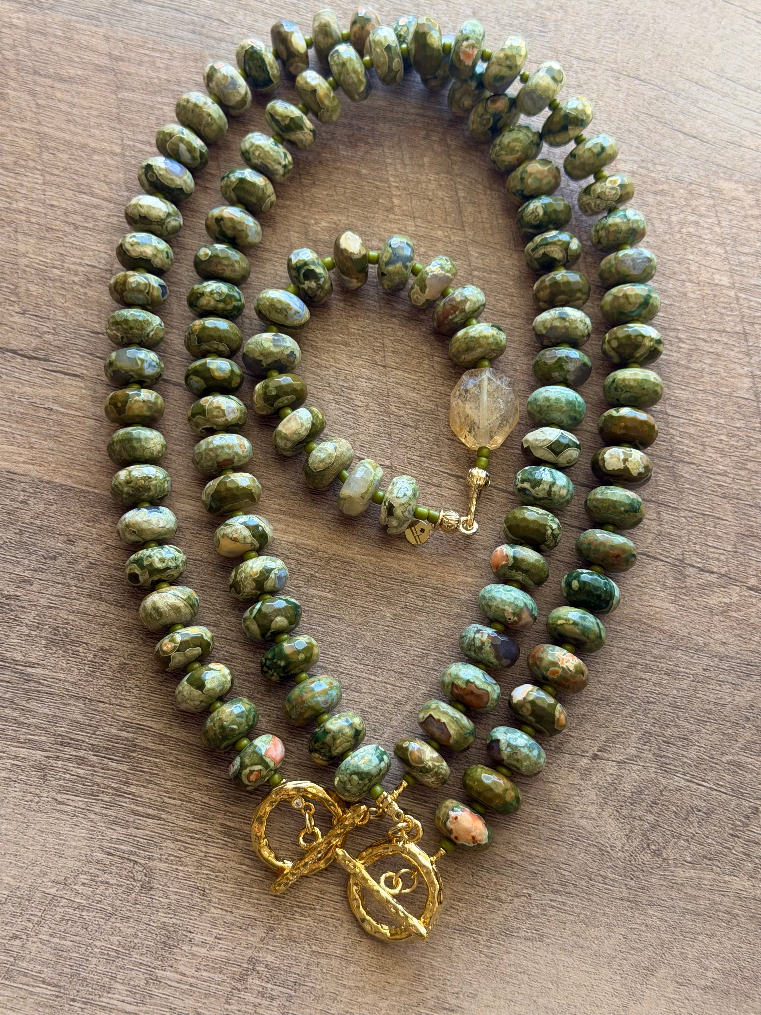 Queensland Rhyolite aka Australian Rainforest Jasper Necklace: Stunning Gemstone beads•Textured gold toggle clasp
