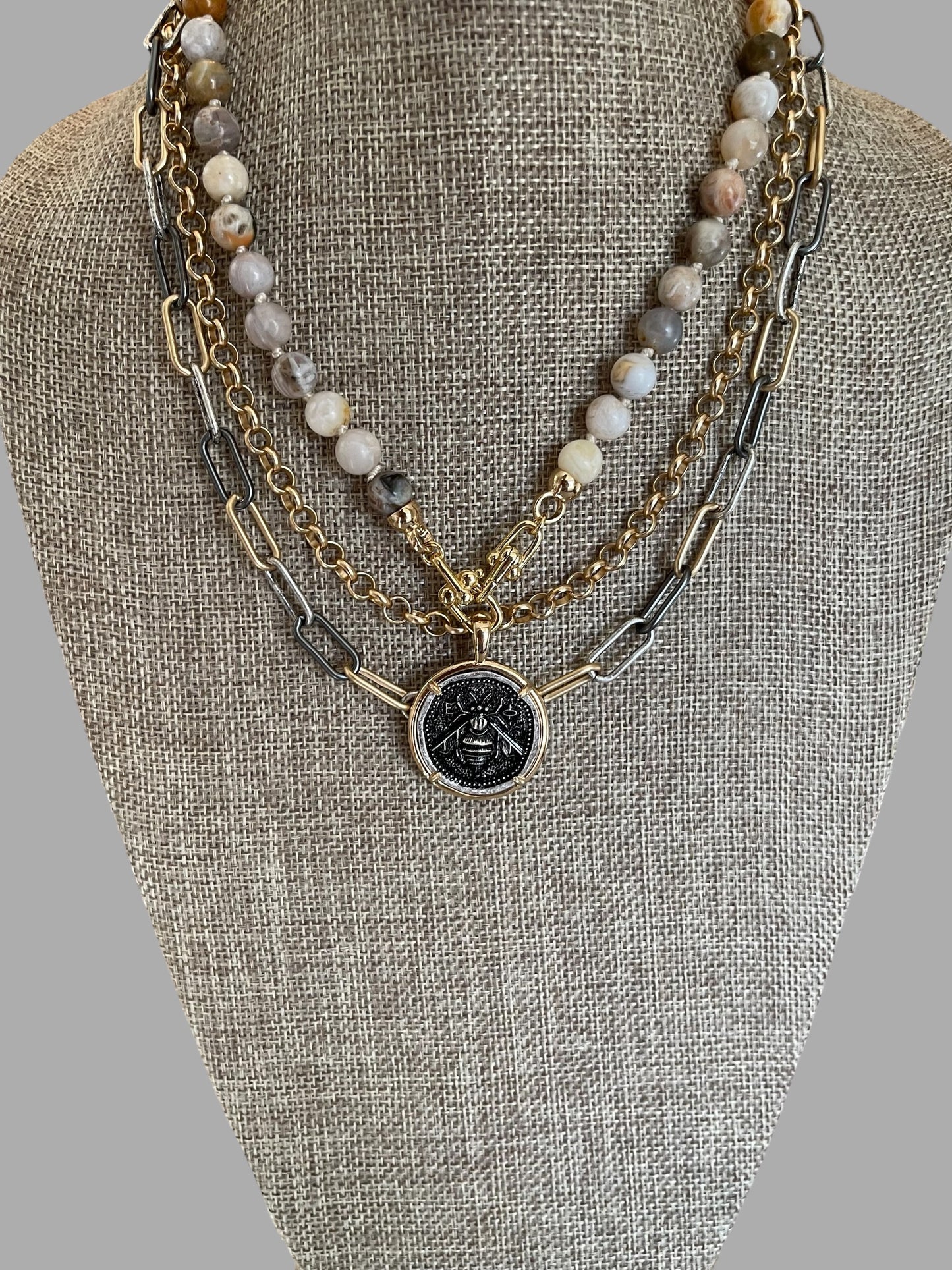 Agate Bee Necklace: Handknotted Bamboo Agate Beads with an Ancient Greek Reproduction Coin Pendant