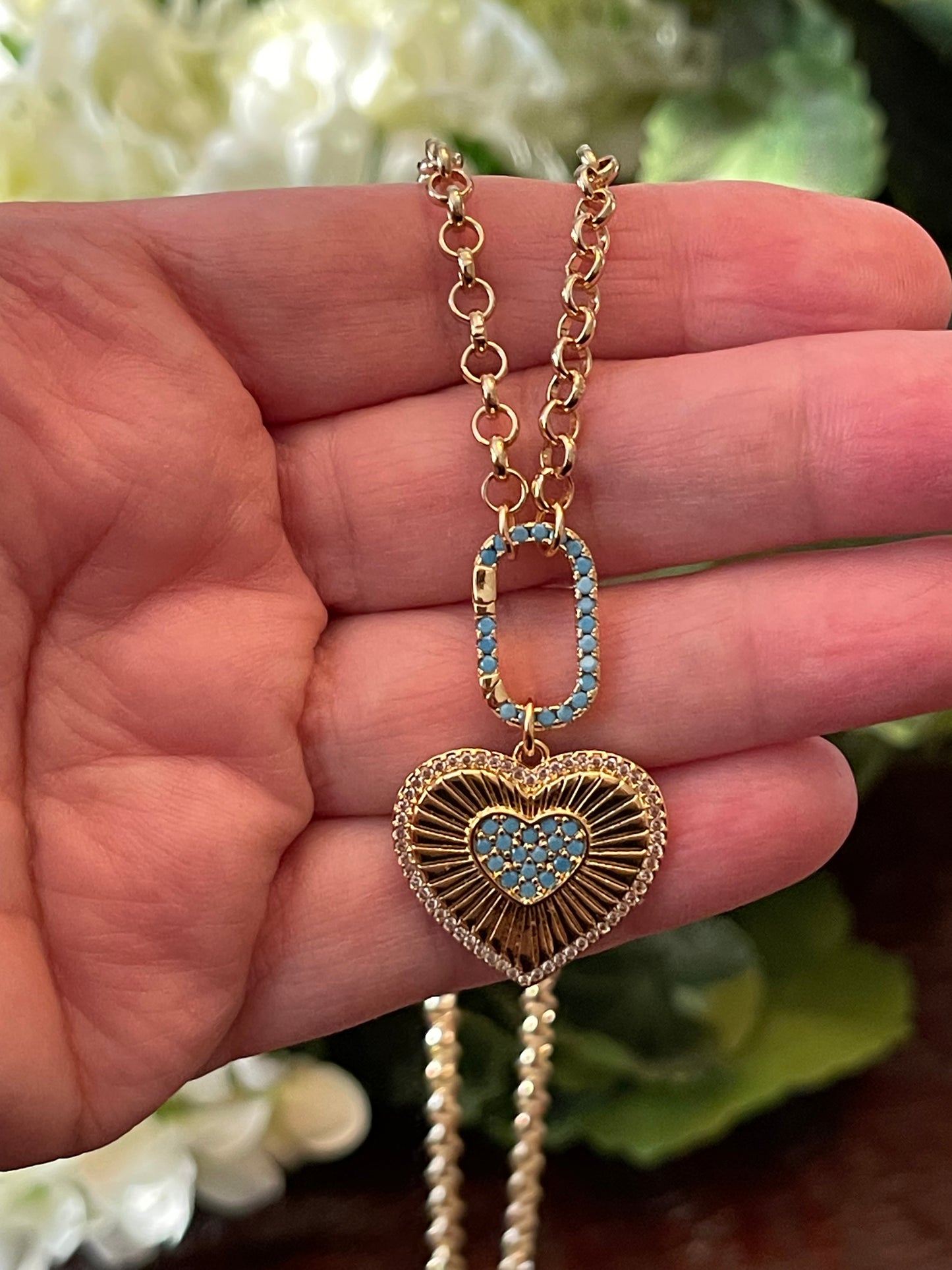 Touch of Turquoise Necklace: Gold Plated Rolo Chain with a GP Turquoise Center Heart Charm