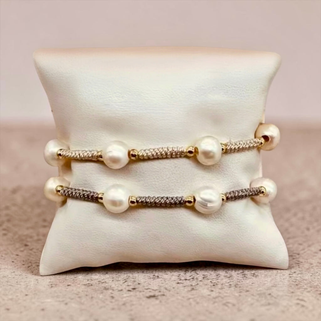 Quiet Luxury Bracelet: Freshwater Pearls, gold accents, hand woven and adjustable length