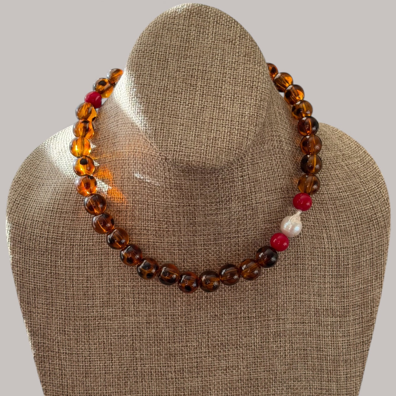 Tortoiseshell Holiday Collar: Resin beads with a natural Baroque Pearl and red glass beads Limited Edition