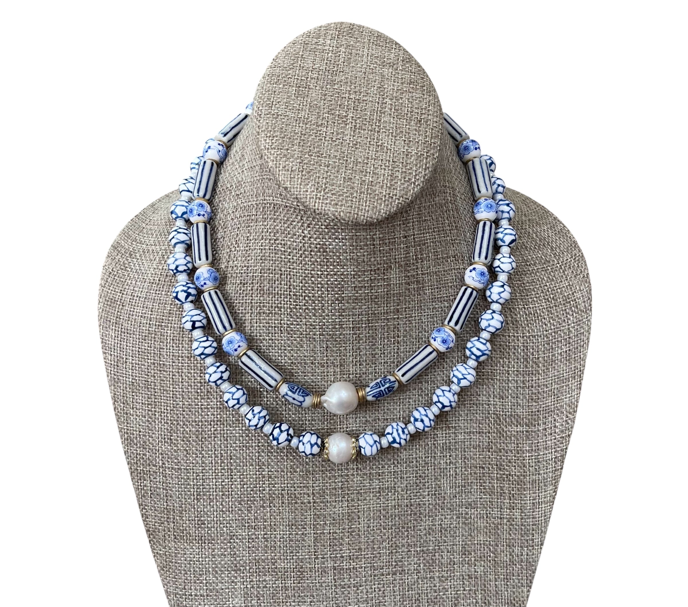 Chinoiserie Chic Necklace: Porcelain & Ceramic beads, 24k gold accents and clasp, Baroque Pearl center OOAK