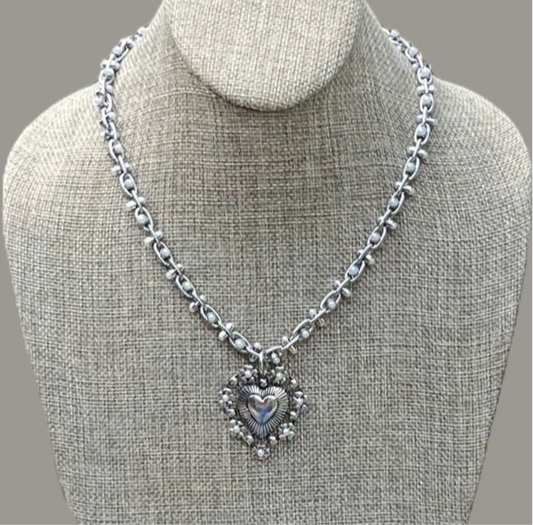 Bold Bijoux in Silver Necklace: Rhodium Silver throughout Pearly chain Statement heart