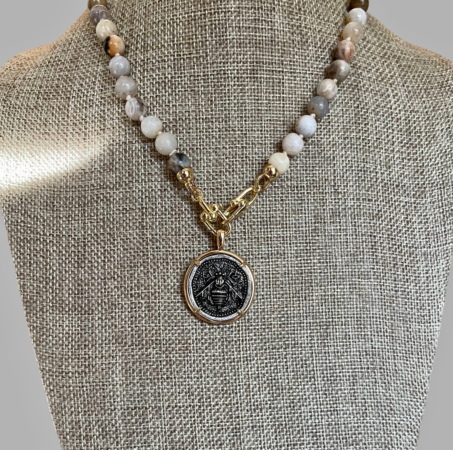 Agate Bee Necklace: Handknotted Bamboo Agate Beads with an Ancient Greek Reproduction Coin Pendant