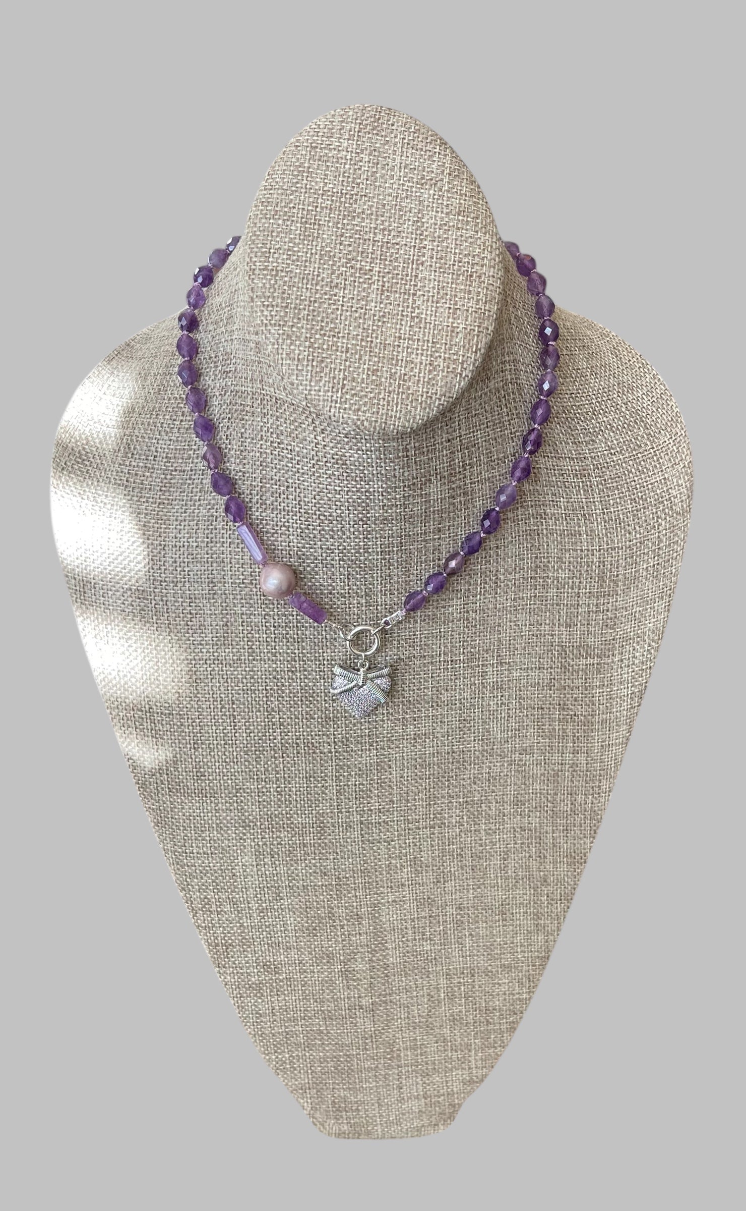 The Amelia Necklace OOAK: Faceted Amethyst hand knotted with a lavender Edison Pearl & pavé heart Silver accents