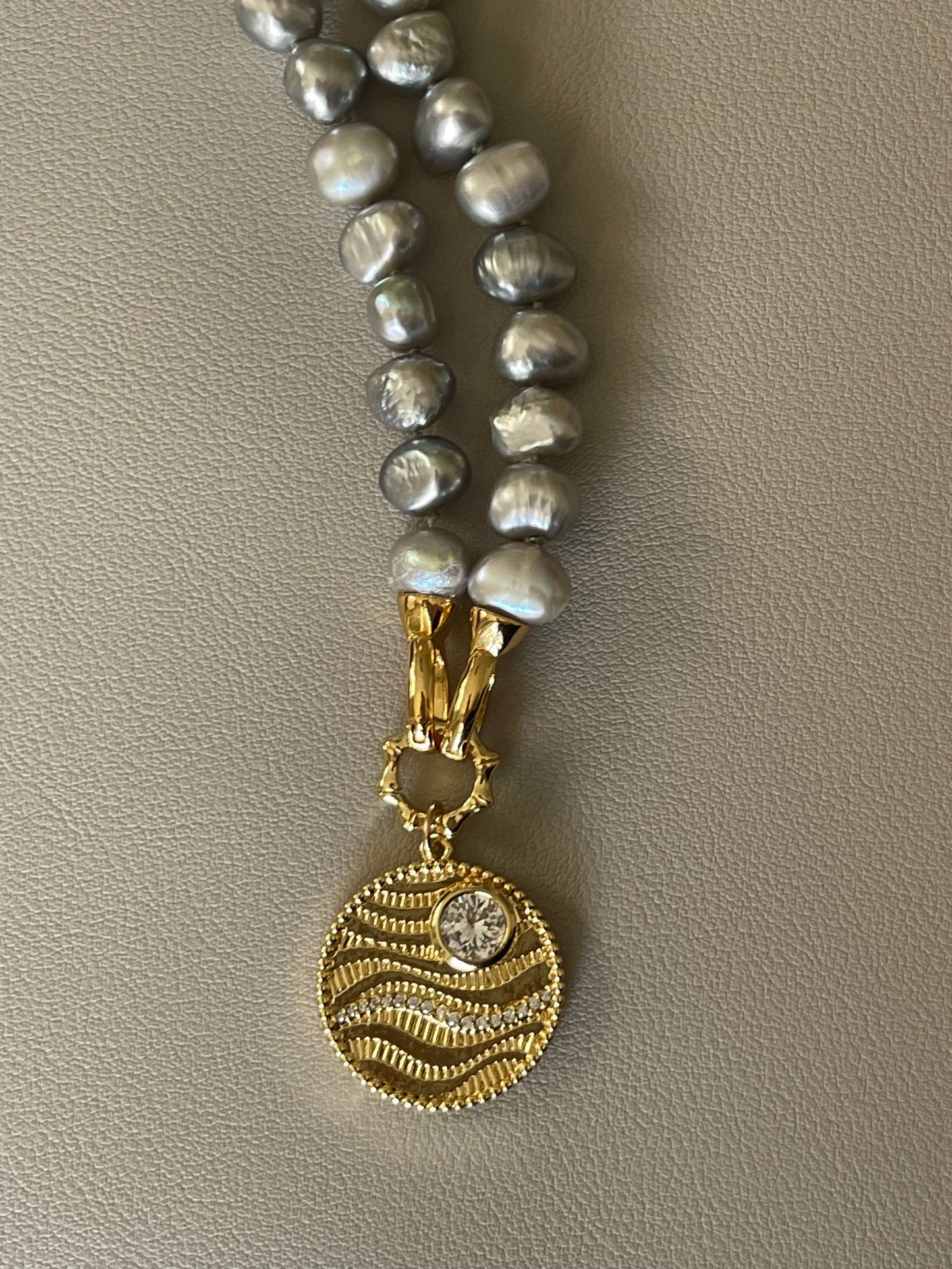 Sunny Day On The Ocean Necklace: One of a Kind Silver Gray Pearls Hand Knotted with Gold Filled Clasp and Charm