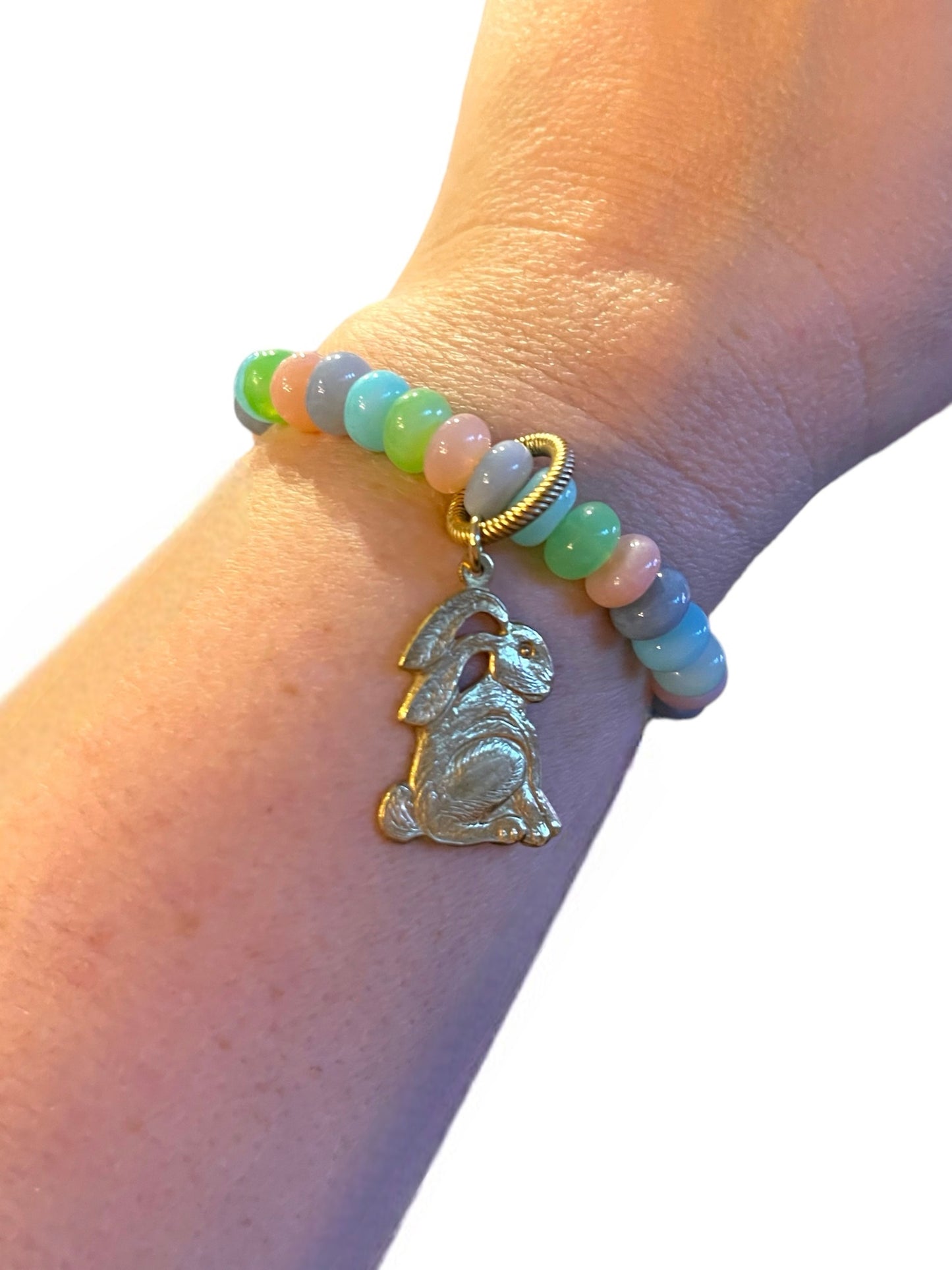 Easter Candy Opal Bracelet w Solid Brass Bunny Charm