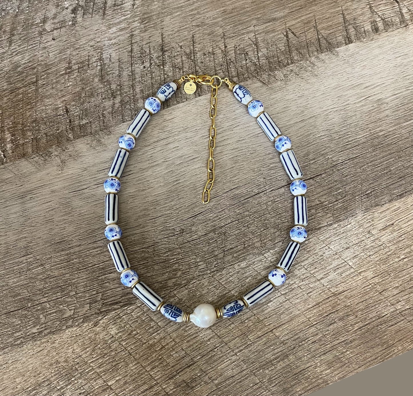 Chinoiserie Chic Necklace: Porcelain & Ceramic beads, 24k gold accents and clasp, Baroque Pearl center OOAK