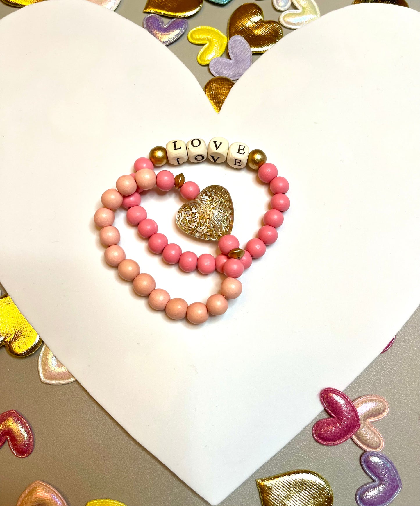 OOAK Jumbo Heart Stack (2) Two shades of Pink with Gold Wooden accent beads, a Jumbo Acrylic Heart and Letter Beads “LOVE”