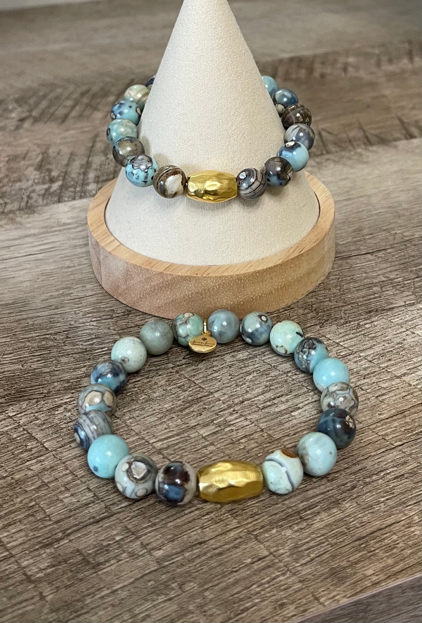 Painted Sky Stretch Bracelet: Blue Crazy Lace Agate beads with Gold hammered Artisan barrel bead