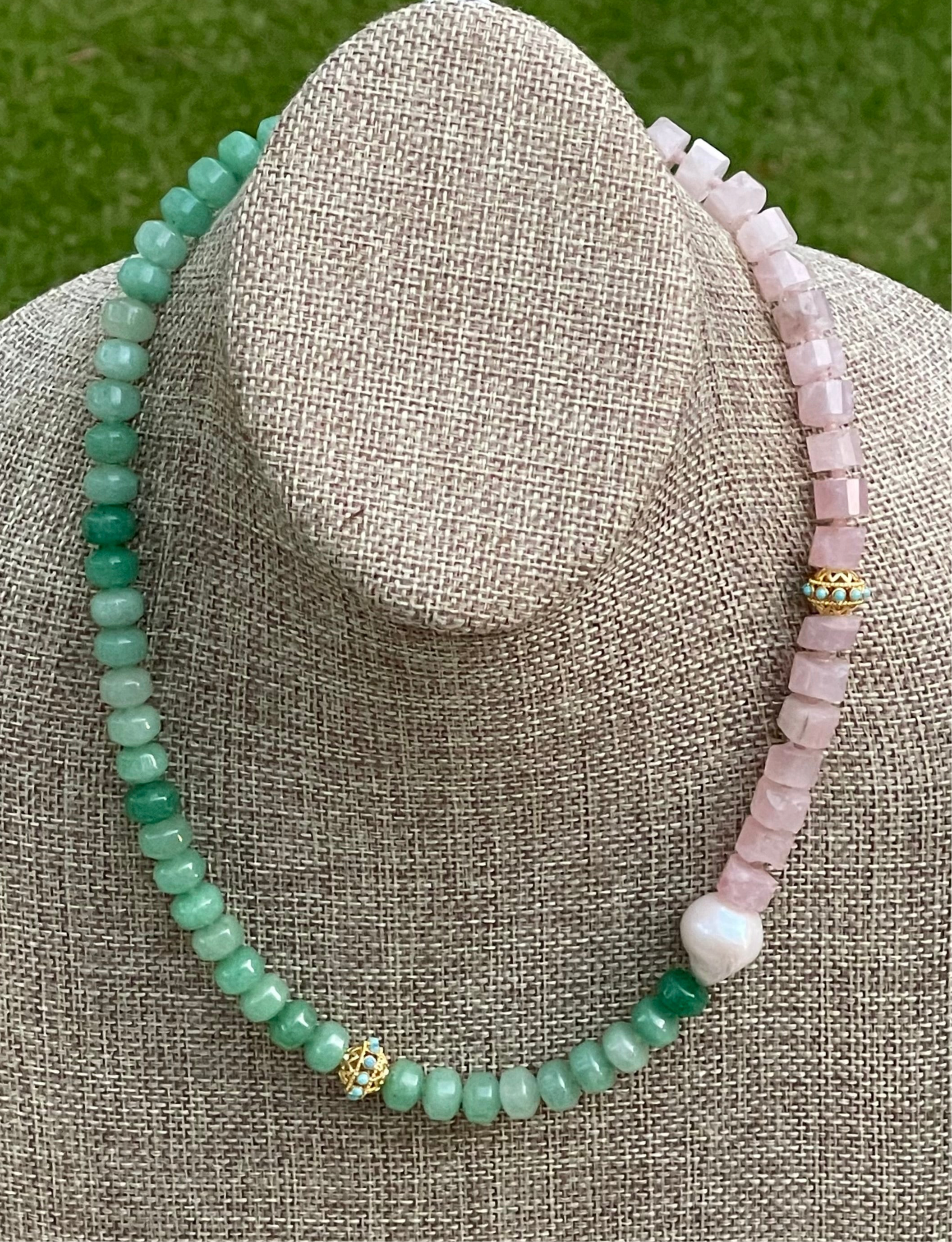 Garden Party OOAK Necklace: Green Aventurine, Rose Quartz, Genuine Baroque Pearl, Pop of Turquoise color in gold accent beads, Gold hook clasp