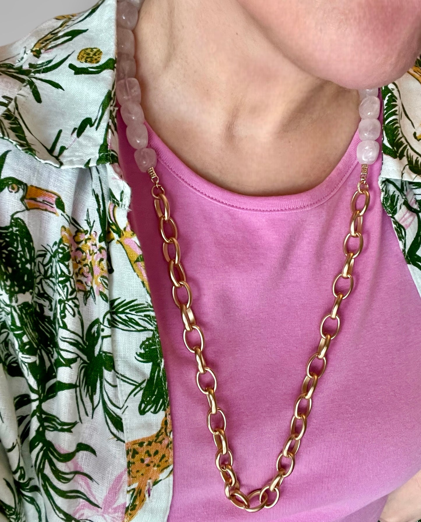 The Six Way Necklace: Rose Quartz and Brushed Gold Chain Duo with Greek Three Graces Replica Coin Pendant