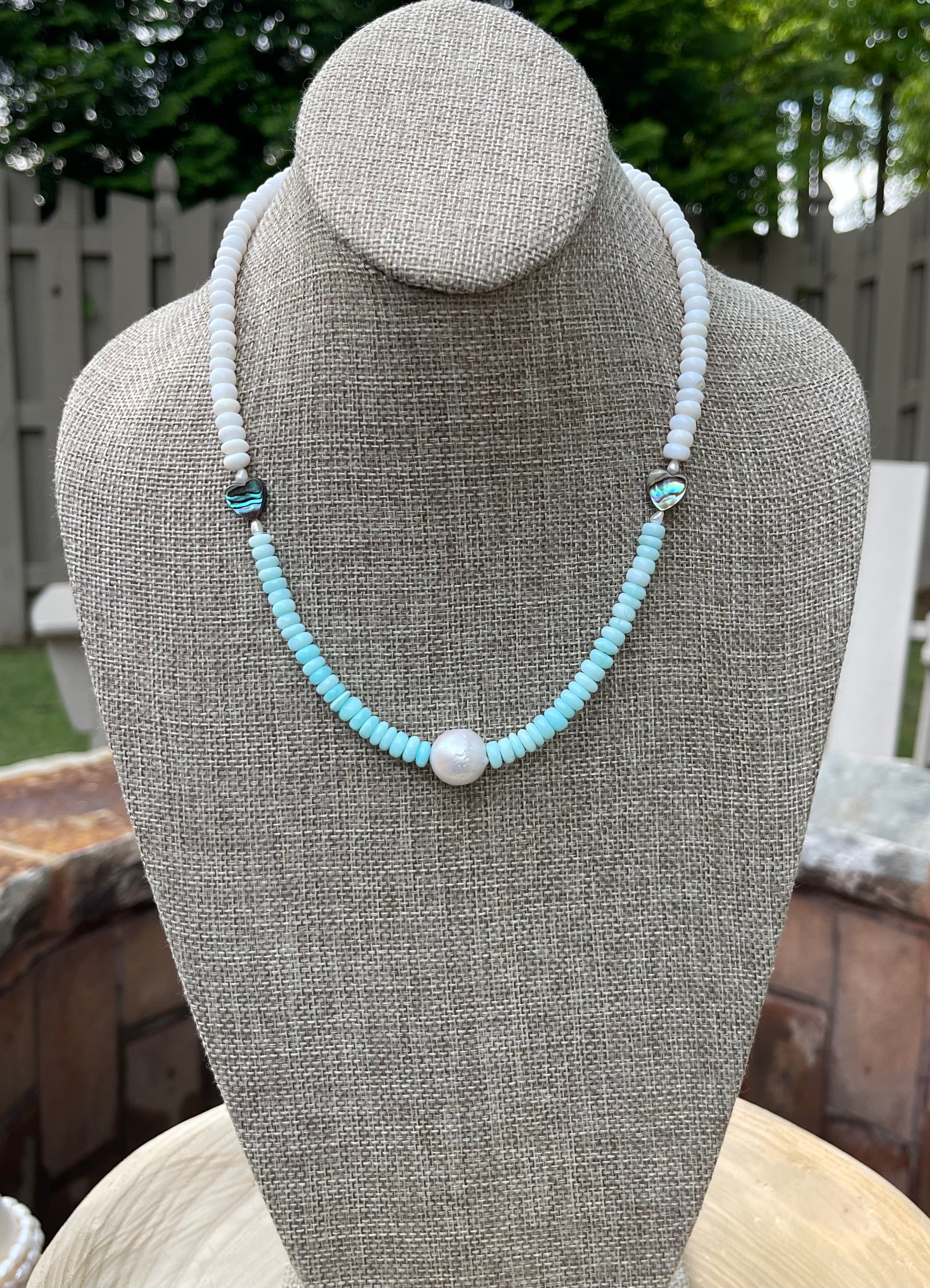 Abalone Hearts Necklace:Peruvian blue &white Opals Abalone shell 🩵 Baroque Pearl OOAK