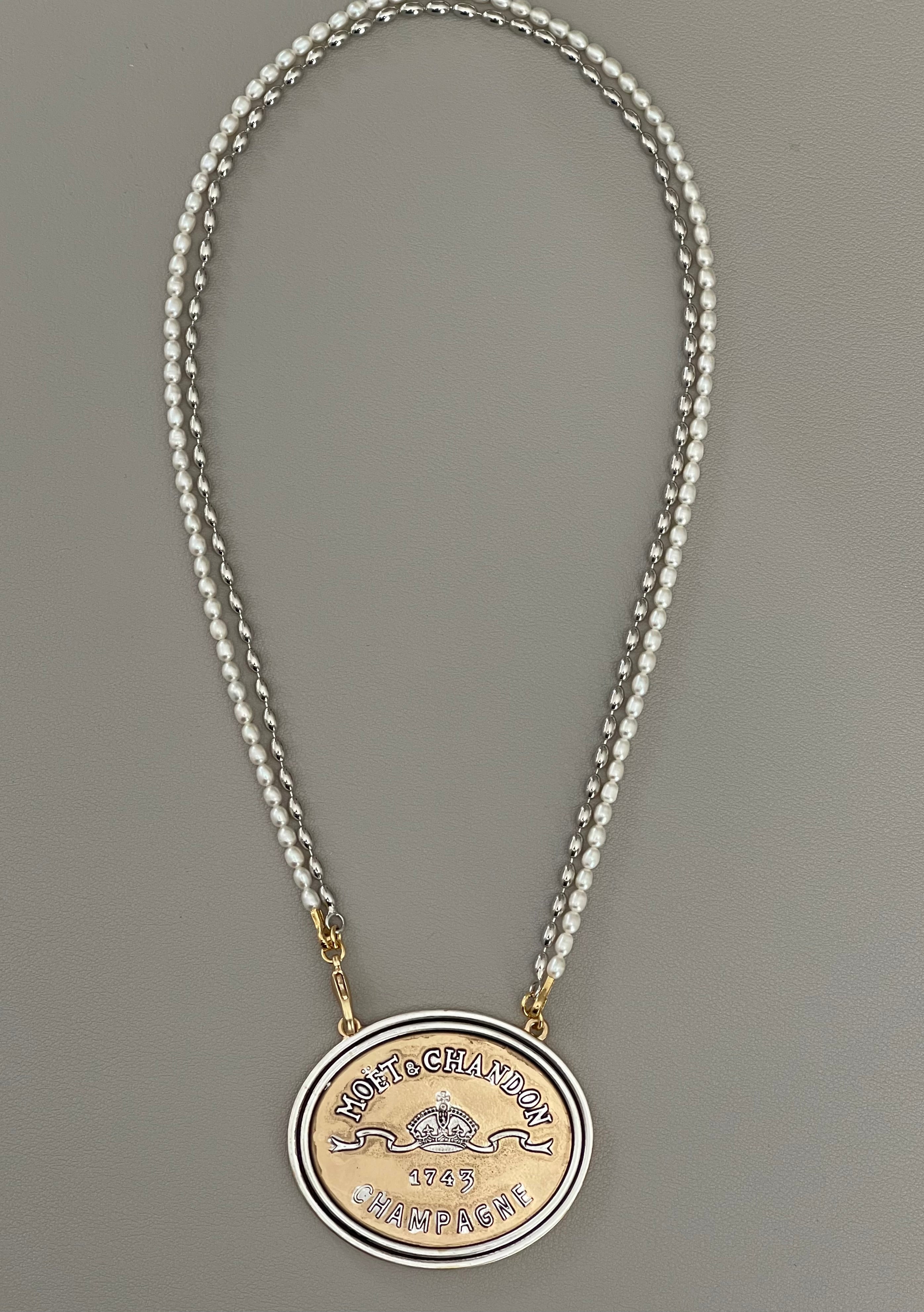 Vintage French Necklace: Freshwater Pearl and Silver Necklace w a Silver & Gold Medallion