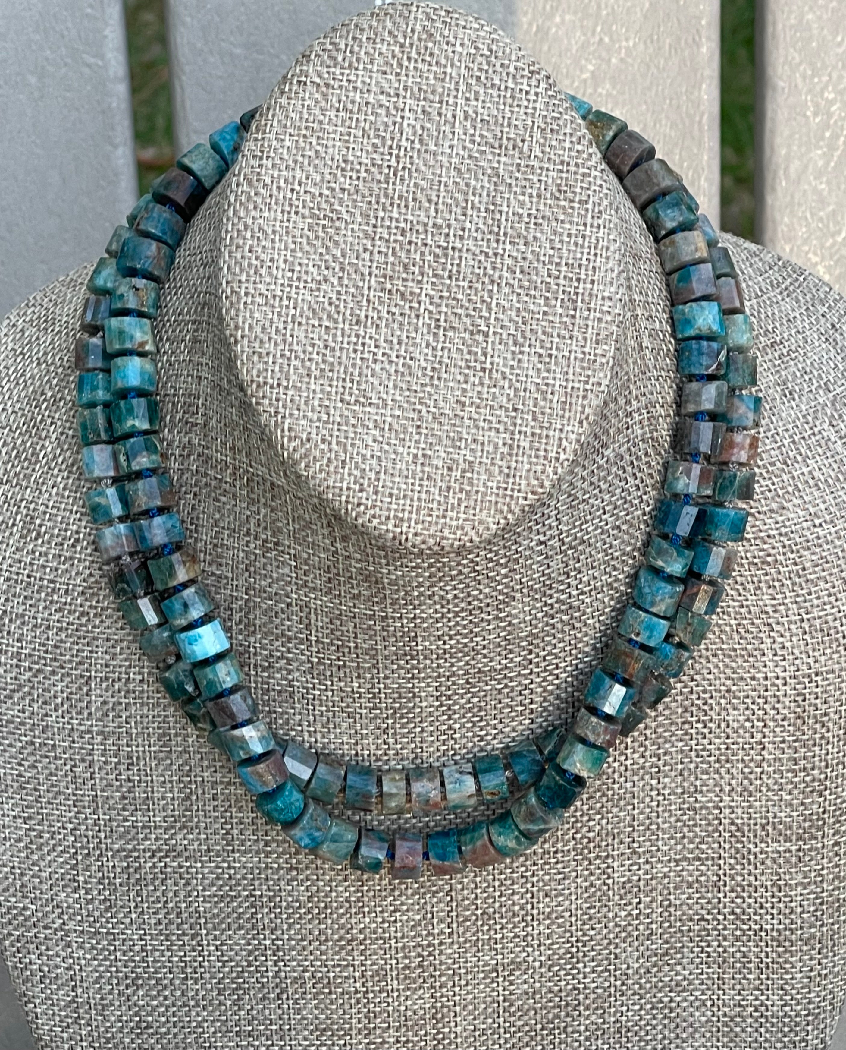 Awaken Necklace: Faceted Apatite wheel shaped beads Handknotted on silk Gold or Silver option