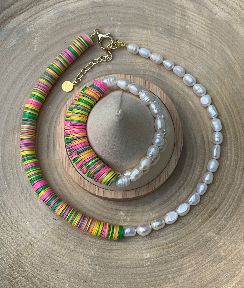 Double Take Necklace: Freshwater Pearls Meet Fun Bright Phono Vinyl Beads Gold Clasp & Extender
