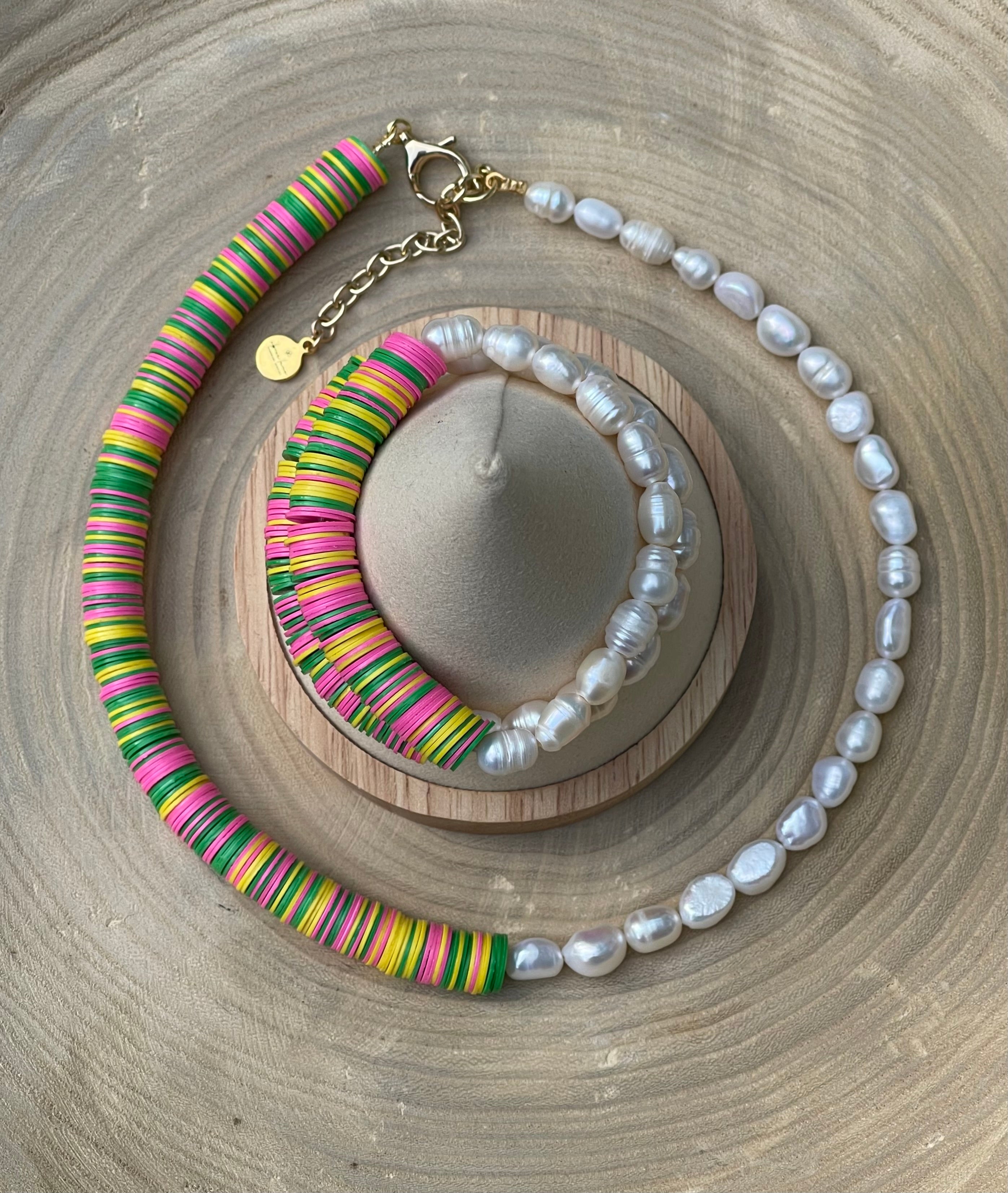 Double Take Necklace: Freshwater Pearls Meet Fun Bright Phono Vinyl Beads Gold Clasp & Extender