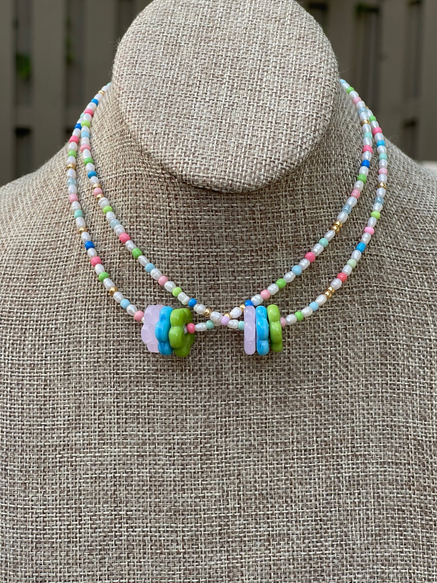 Candy Petals Necklace for Girls/Teens: Freshwater Pearls, Candy colored accents, Fun flower charms and gold clasp and extender