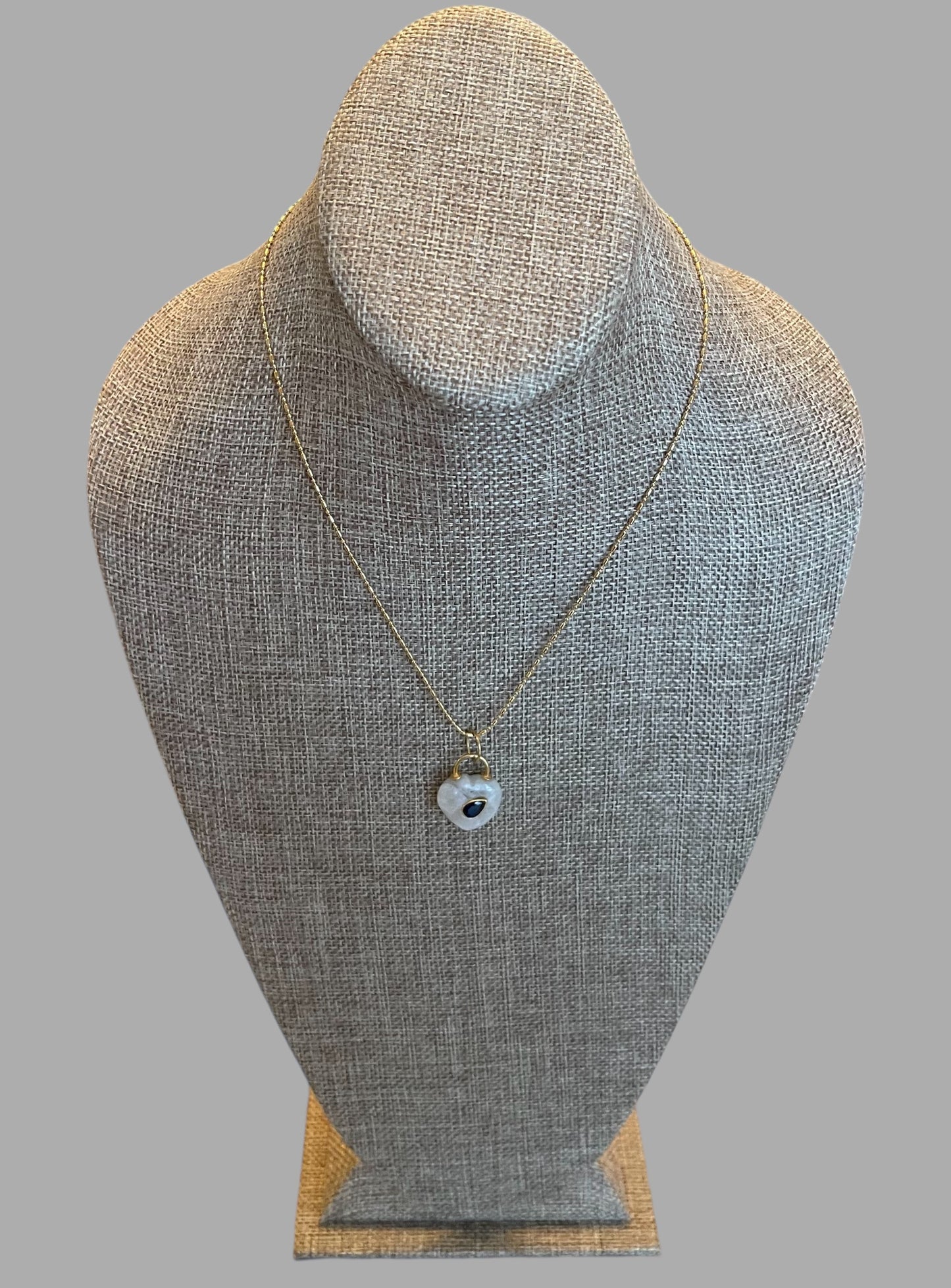 Moonlit Glow Necklace: Natural Moonstone Carved Heart Pendant w Blue CZ inset Gold Vermeil Chain OOAK