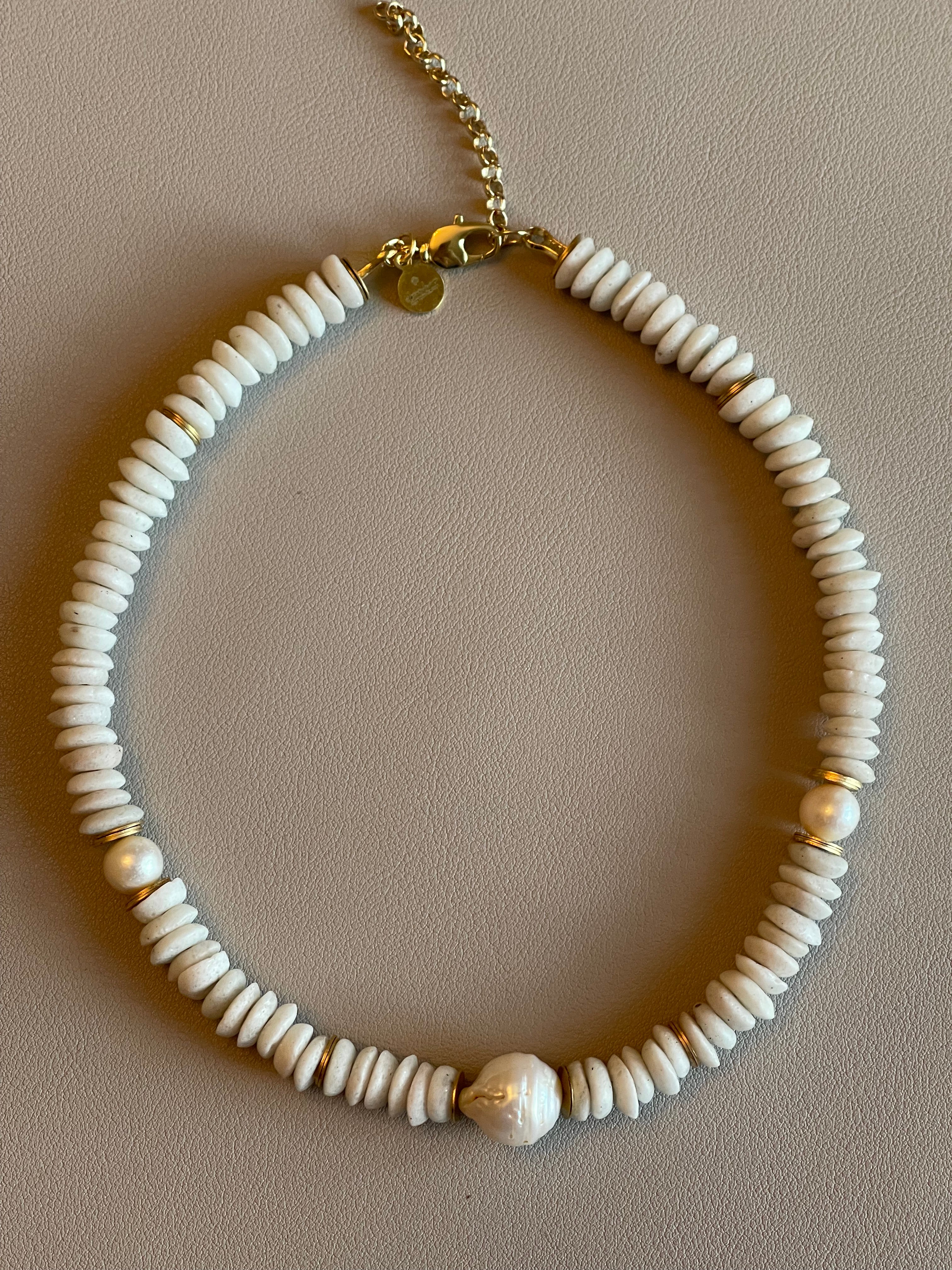 White Sands Necklace: White Ashanti Glass Beads with Baroque Pearls