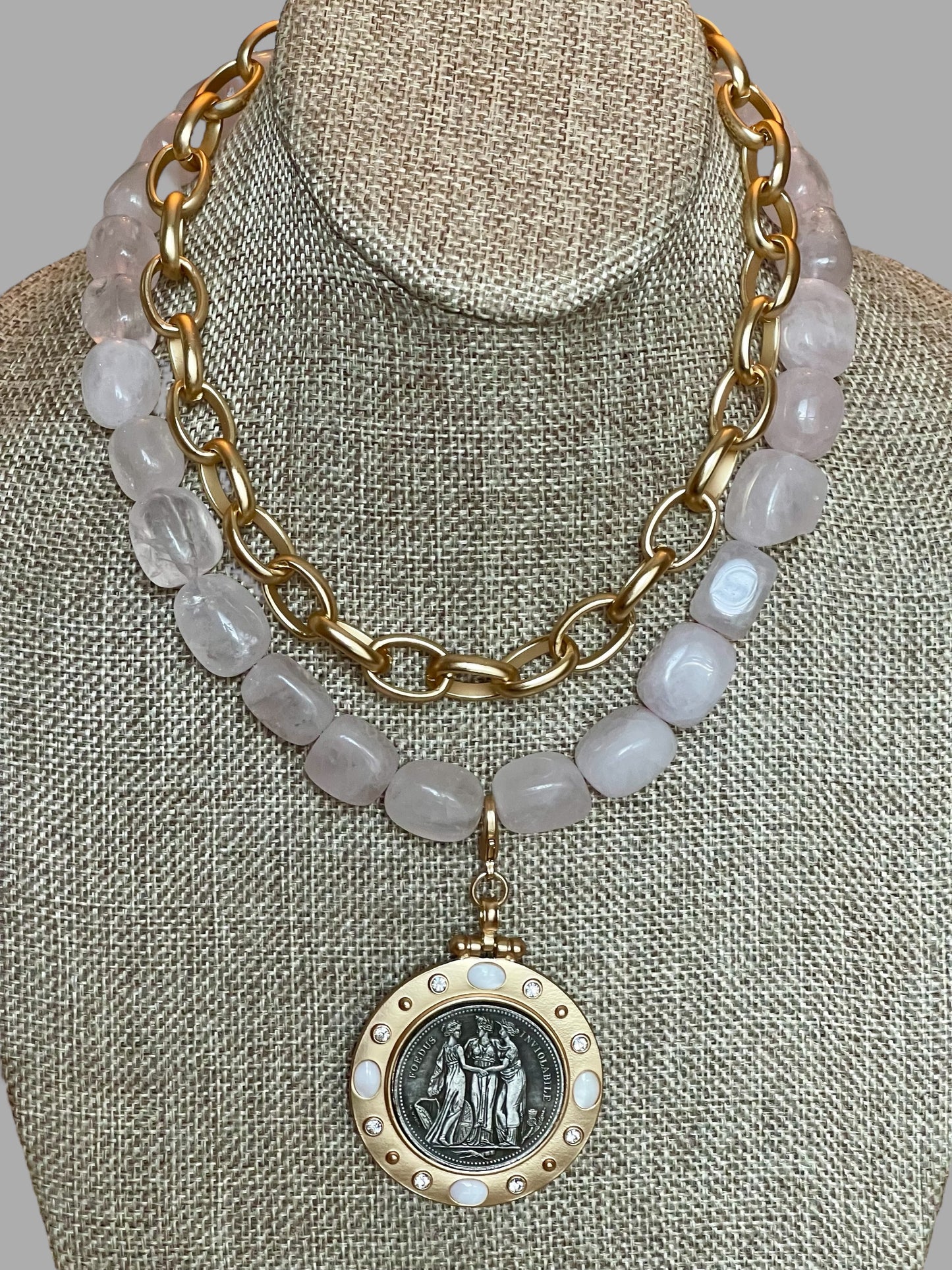 The Six Way Necklace: Rose Quartz and Brushed Gold Chain Duo with Greek Three Graces Replica Coin Pendant