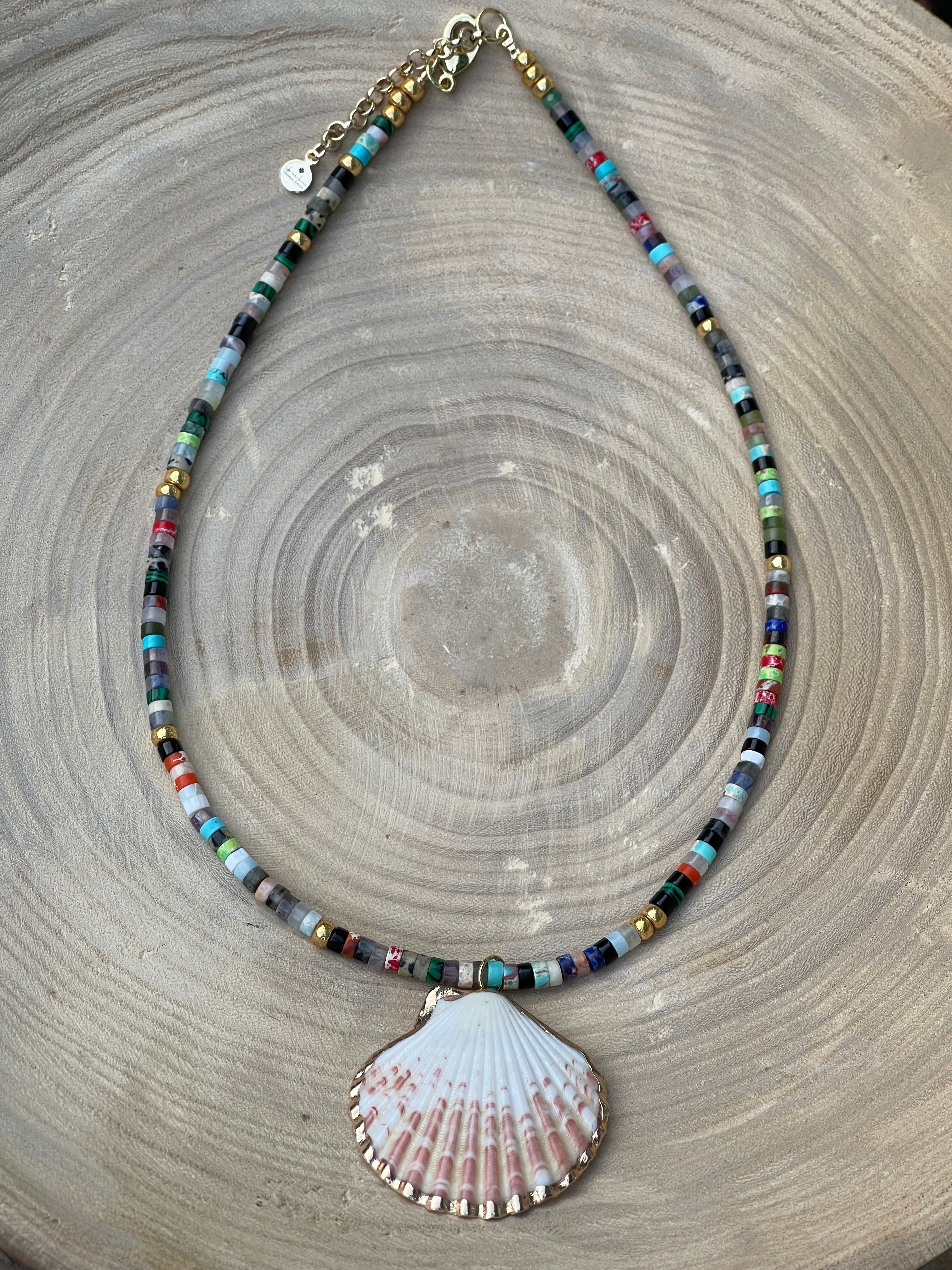 Multi Gem Seashell Necklace: Large variety of natural gemstone beads gold accents Natural seashell pendant
