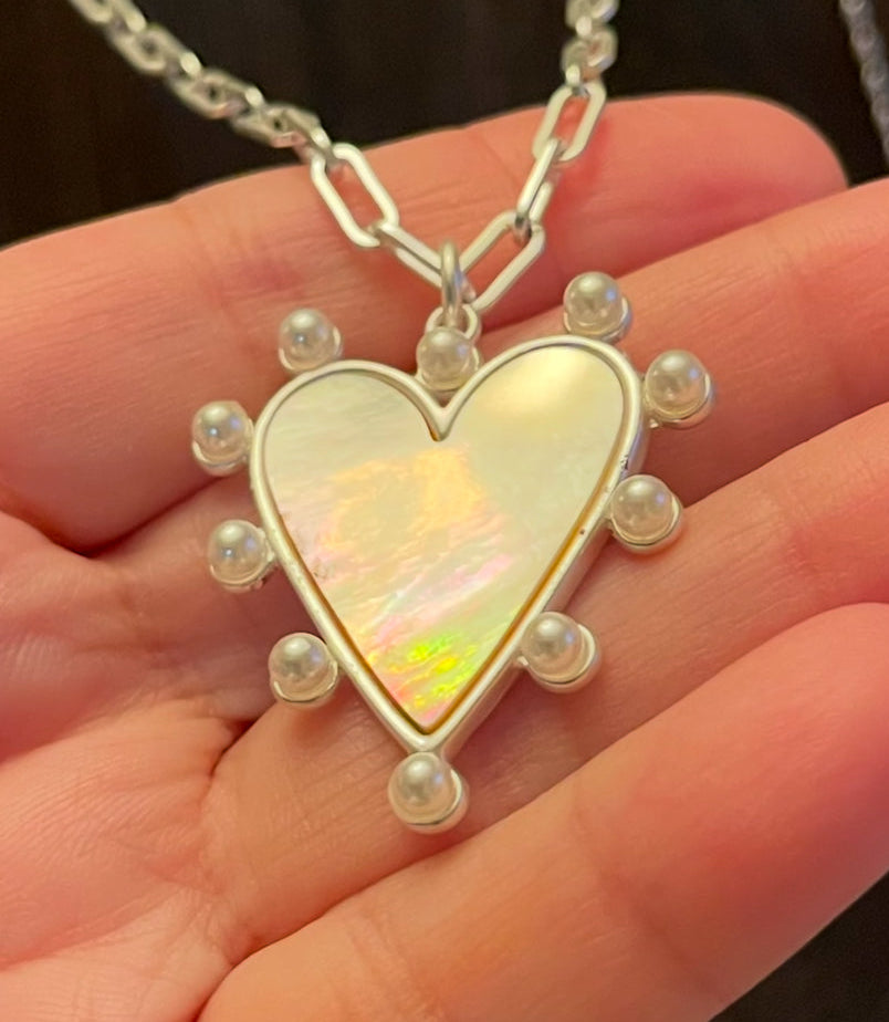 Silver Siren Necklace OOAK: Bright silver Paperclip chain with a stunning Pearl trimmed heart pendant with a mother of pearl center