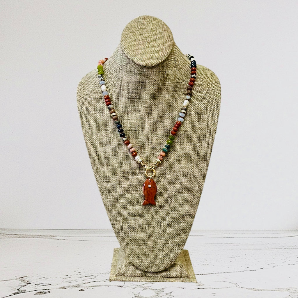 Reel Beauty 🎣 Mixed Gemstone necklace with Gold accents Gemstone fish pendant 4 options