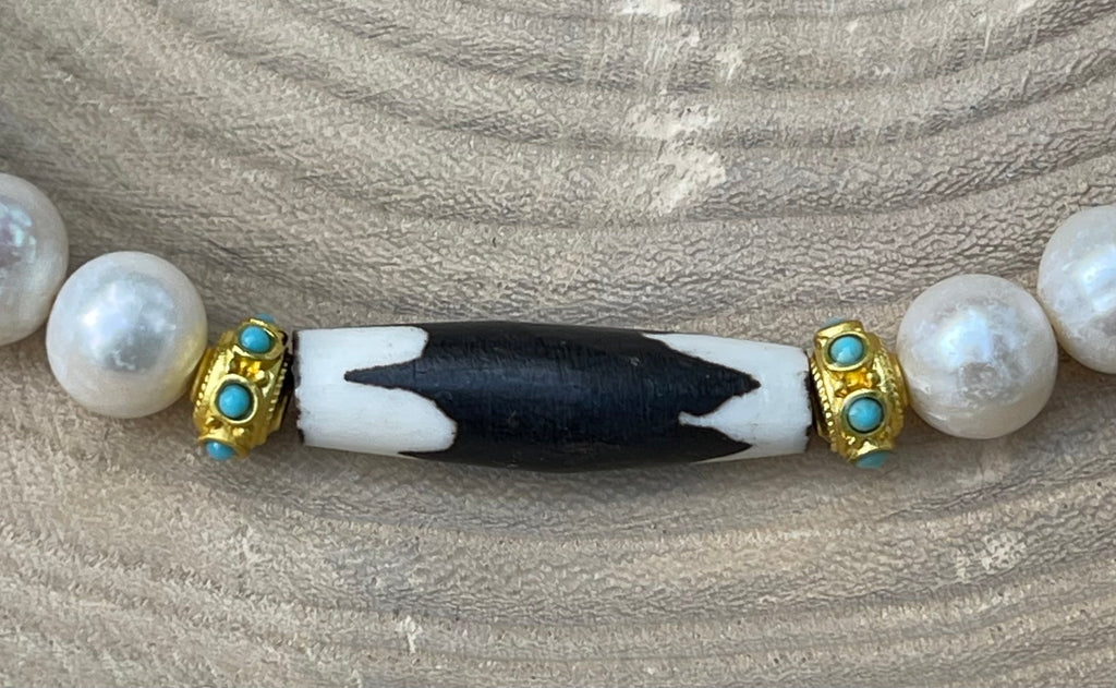 Tribal Throne Necklace: Creamy Freshwater Pearls African beads & gold accents OOAK