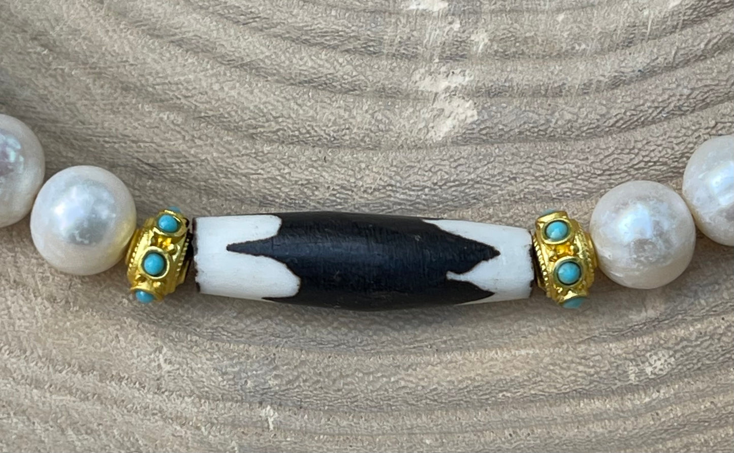 Tribal Throne Necklace: Creamy Freshwater Pearls African beads & gold accents OOAK