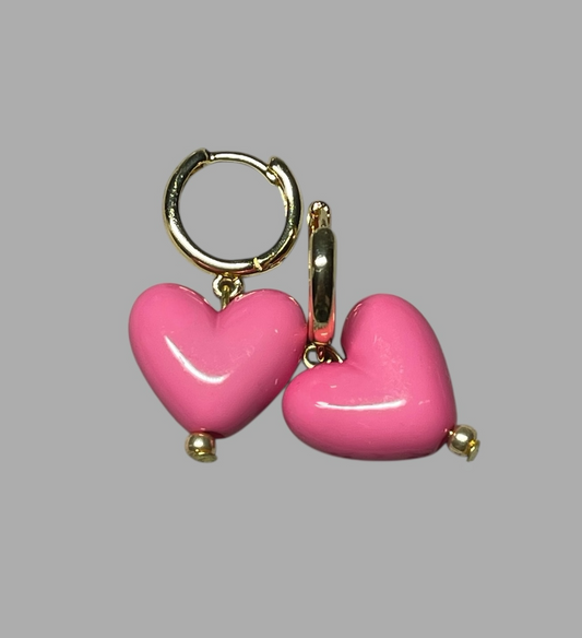 Color Confetti Heart Earrings: Hot pink acrylic heart charm on gold huggies