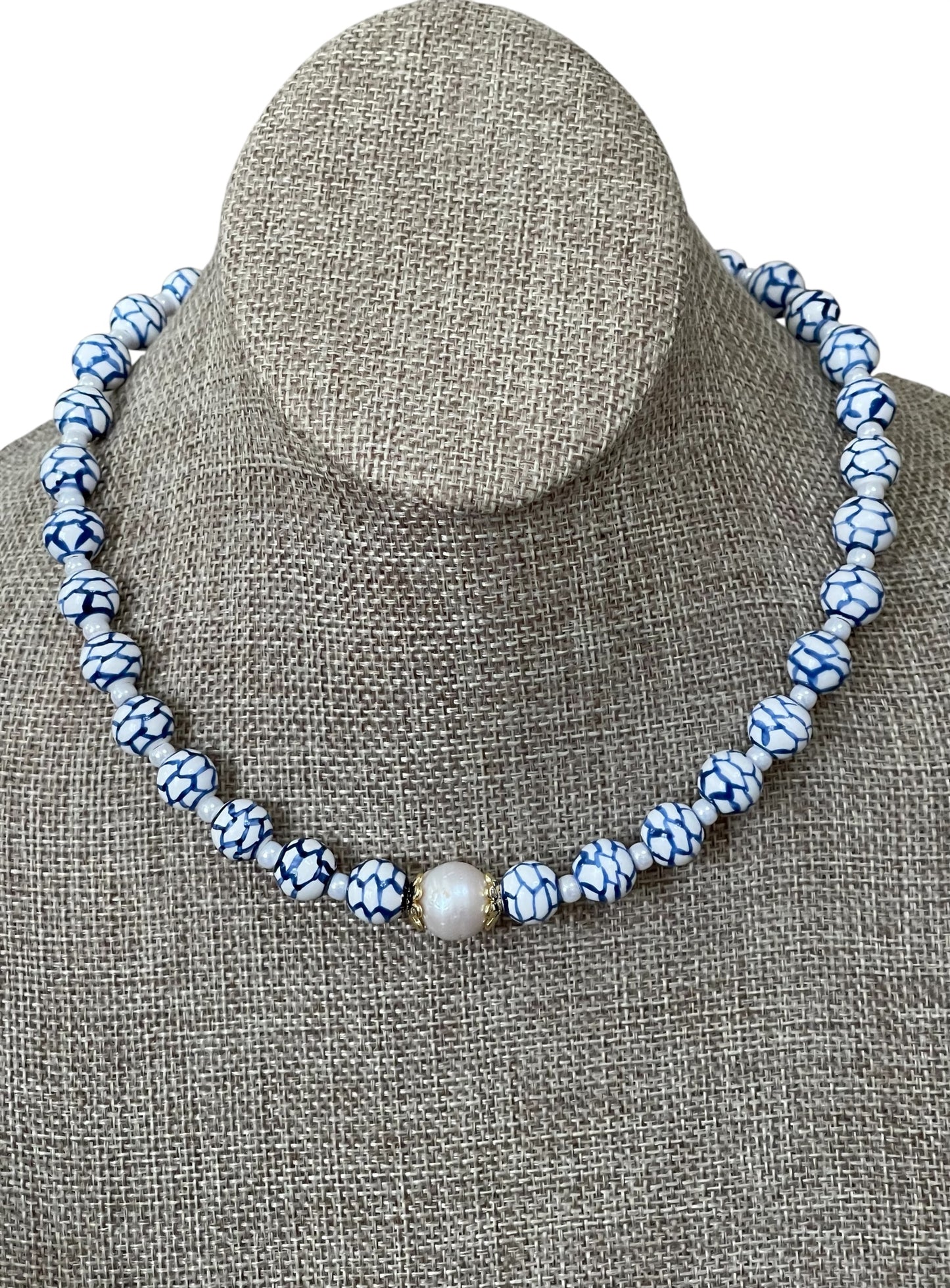 Indigo Lattice Necklace: Blue and white ceramic beads w pearlized glass spacer beads, Baroque Pearl center 14k accents & clasp OOAK