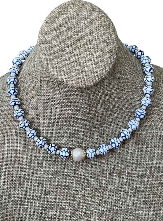 Indigo Lattice Necklace: Blue and white ceramic beads w pearlized glass spacer beads, Baroque Pearl center 14k accents & clasp OOAK