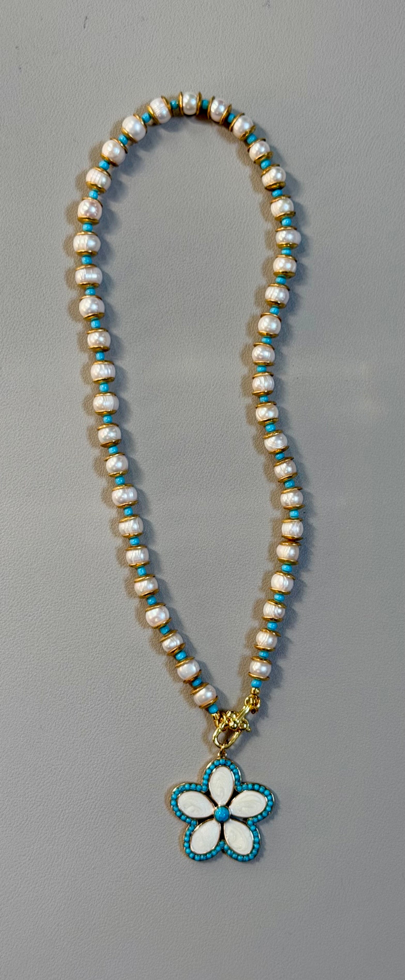 Coastal Petals Necklace: Freshwater Pearls, gold brass & turquoise spacers, Flower pendant OOAK