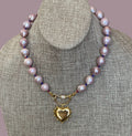 The Yves Necklace: Lavender Edison Pearls w/glass spacers, a gold crescent clasp holding a heart pendant OOAK