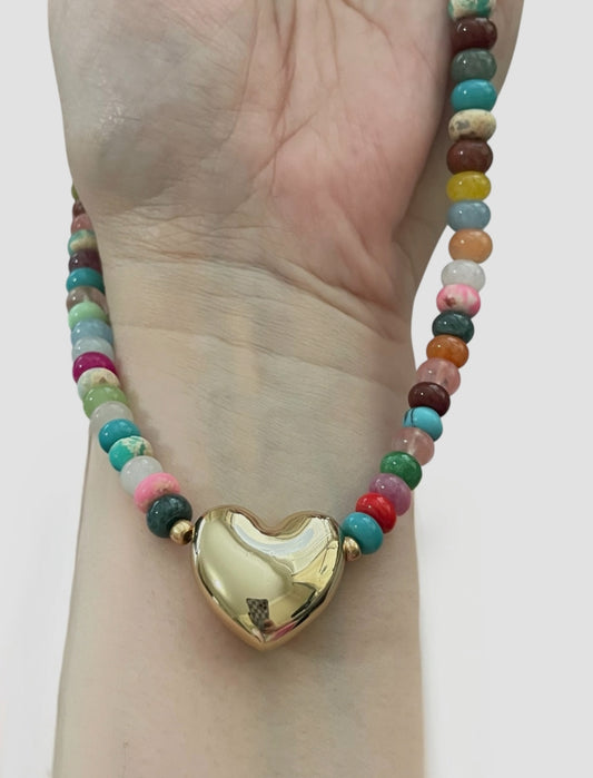 Charming Charlie Necklace: Mixed multi Gemstones providing vibrant colors and versatility Jumbo Gold Heart centerpiece Gold clasp w/ extender OOAK
