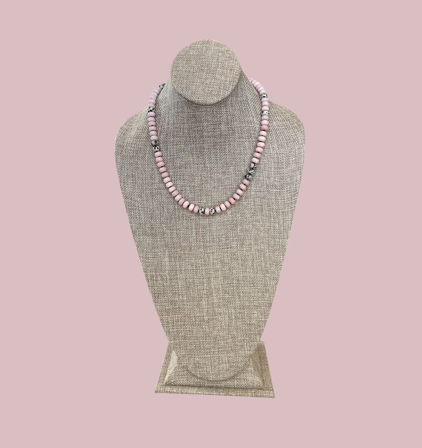 The Pink Leopard Necklace: Natural matte pink opals hand knotted on black silk w Dalmatian Jasper accents Gold pavé leopard heart OOAK