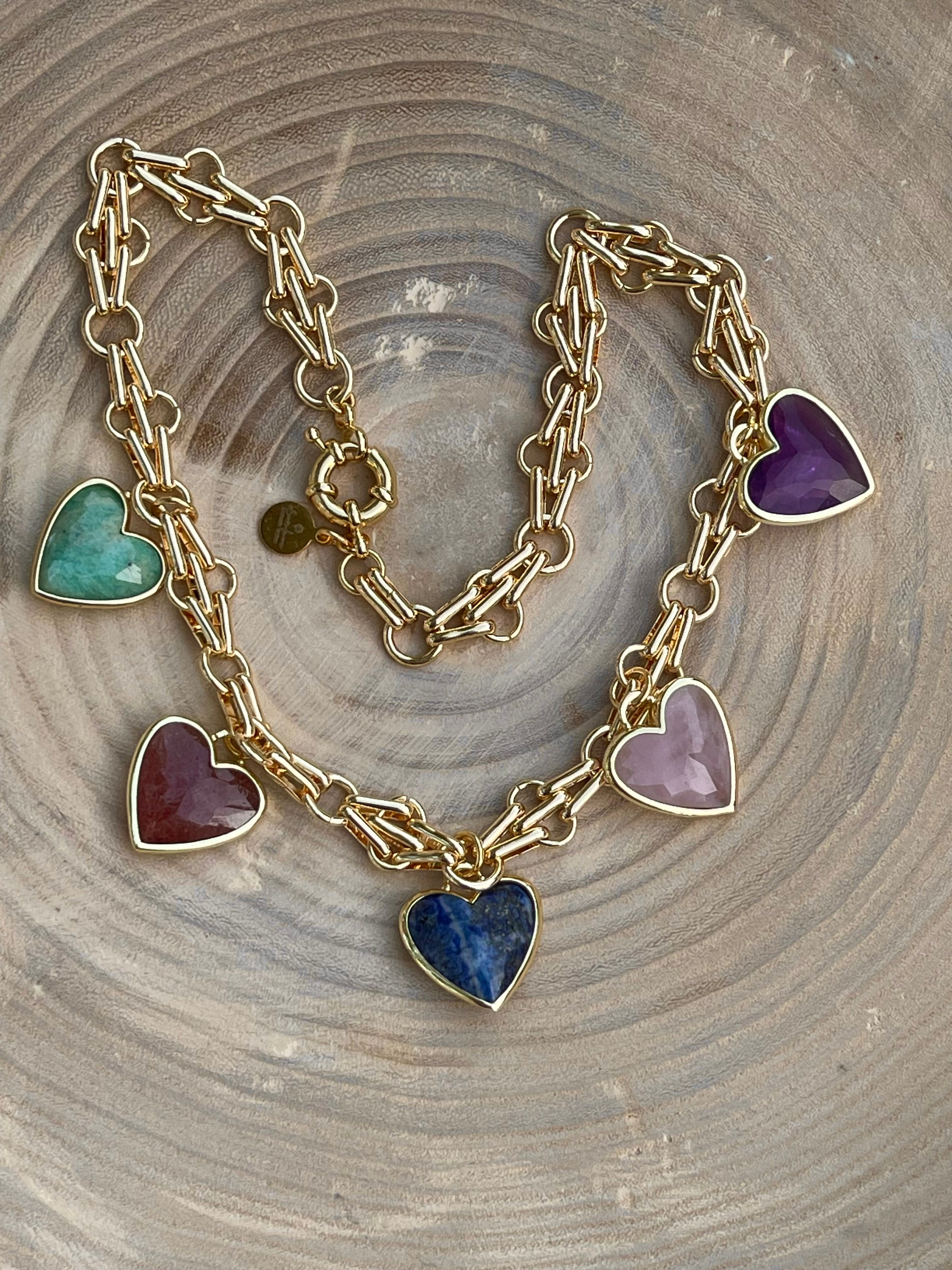 Queen of Hearts Necklace: Faceted Gemstone Hearts on a unique Anti-tarnish Chain