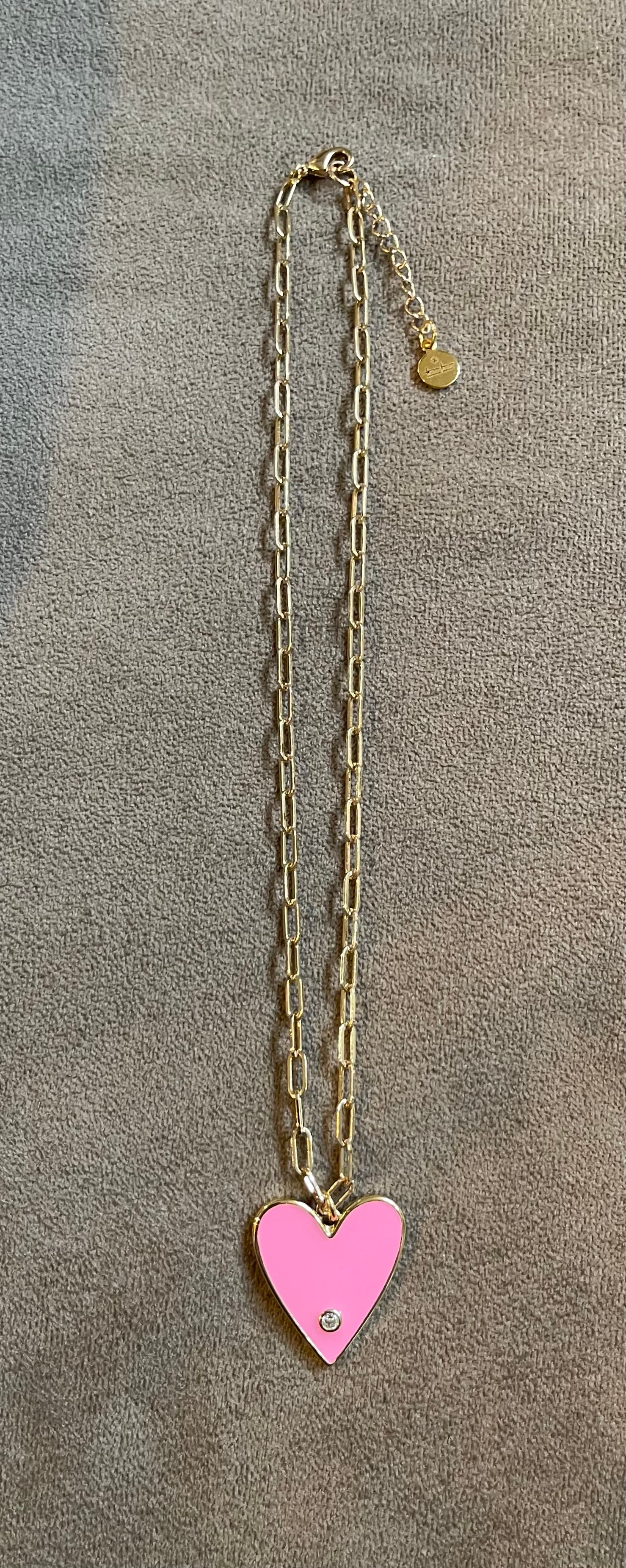 Pretty Paperclip Necklace: Gold Paperclip chain with gorgeous enameled heart pendant OOAK