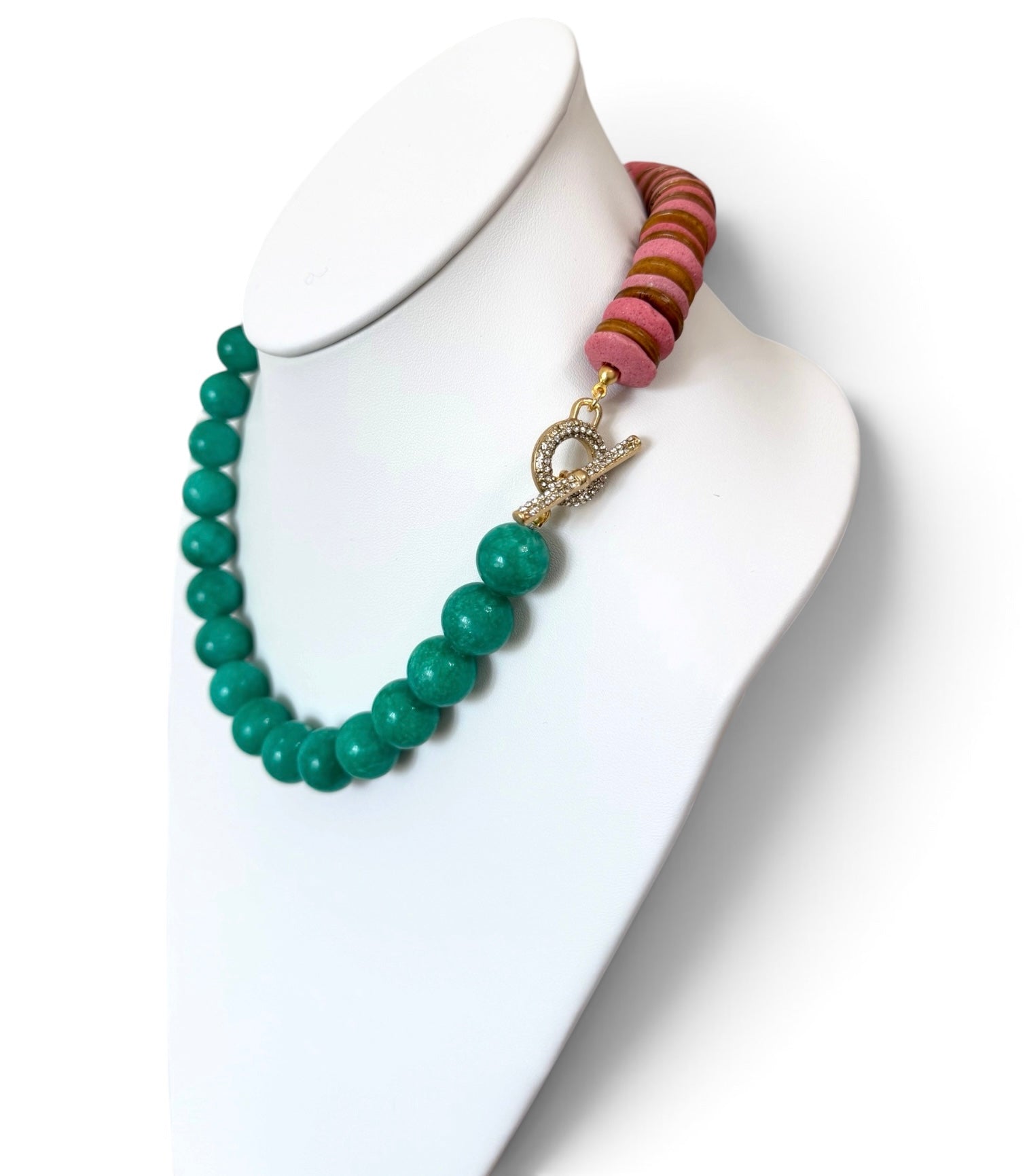 Freshly Picked Necklace: Ashanti glass, wood and Jade with a gold pavé clasp