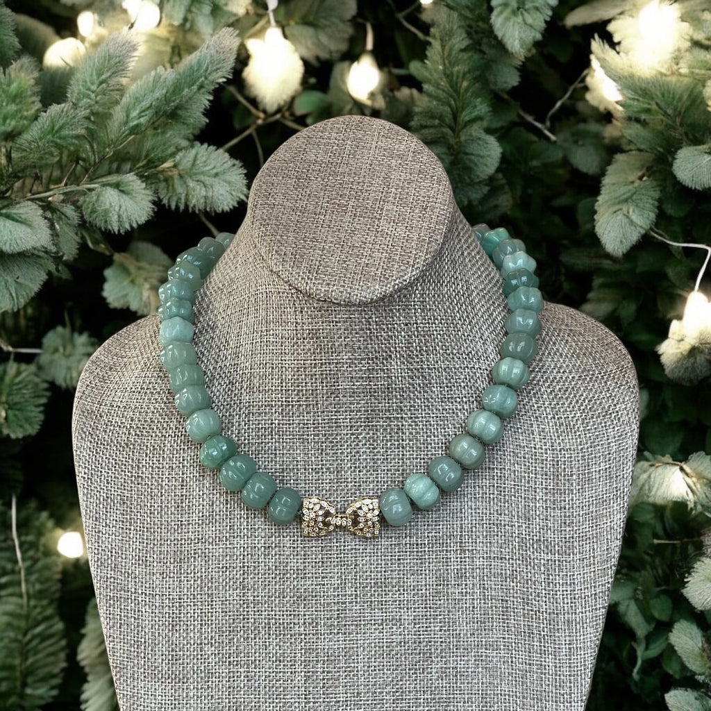 Sage Serenade Necklace OOAK: Sage green hand carved gemstones Hand-knotted on silk