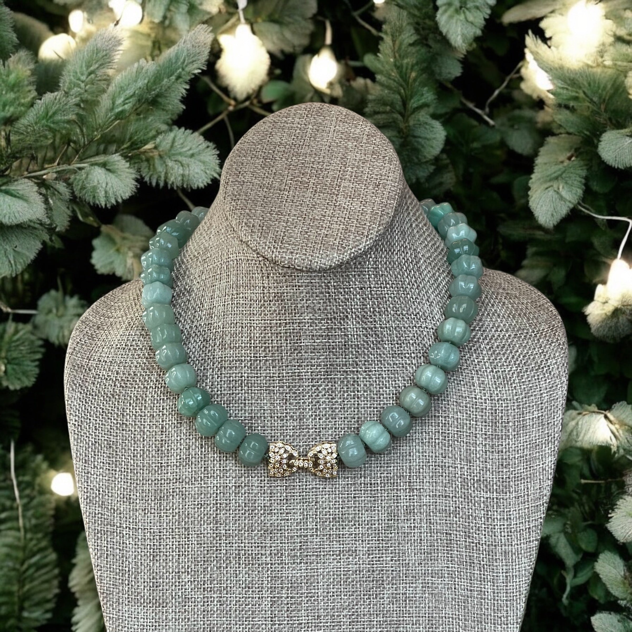 Sage Serenade Necklace OOAK: Sage green hand carved gemstones Hand-knotted on silk