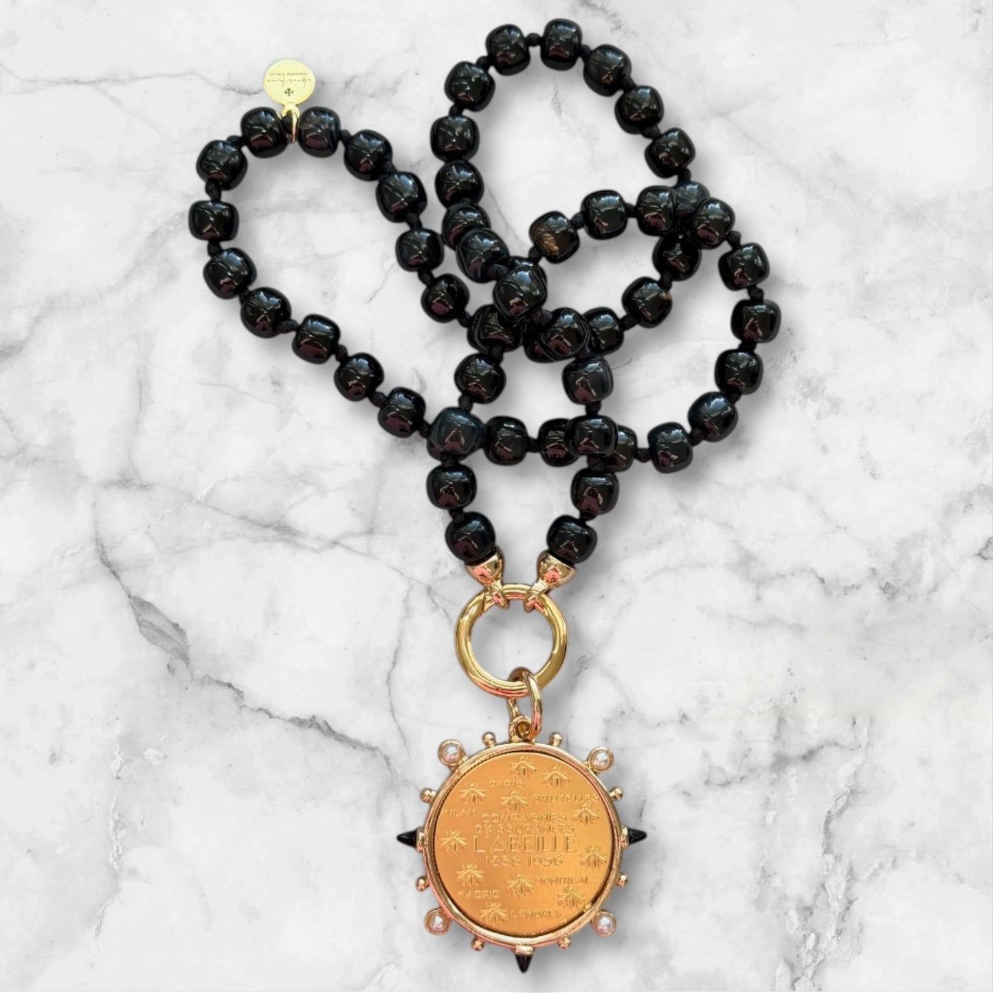 Très Chic Necklace: Hand knotted Black Onyx beads with a French Replica Vintage Pendant OOAK