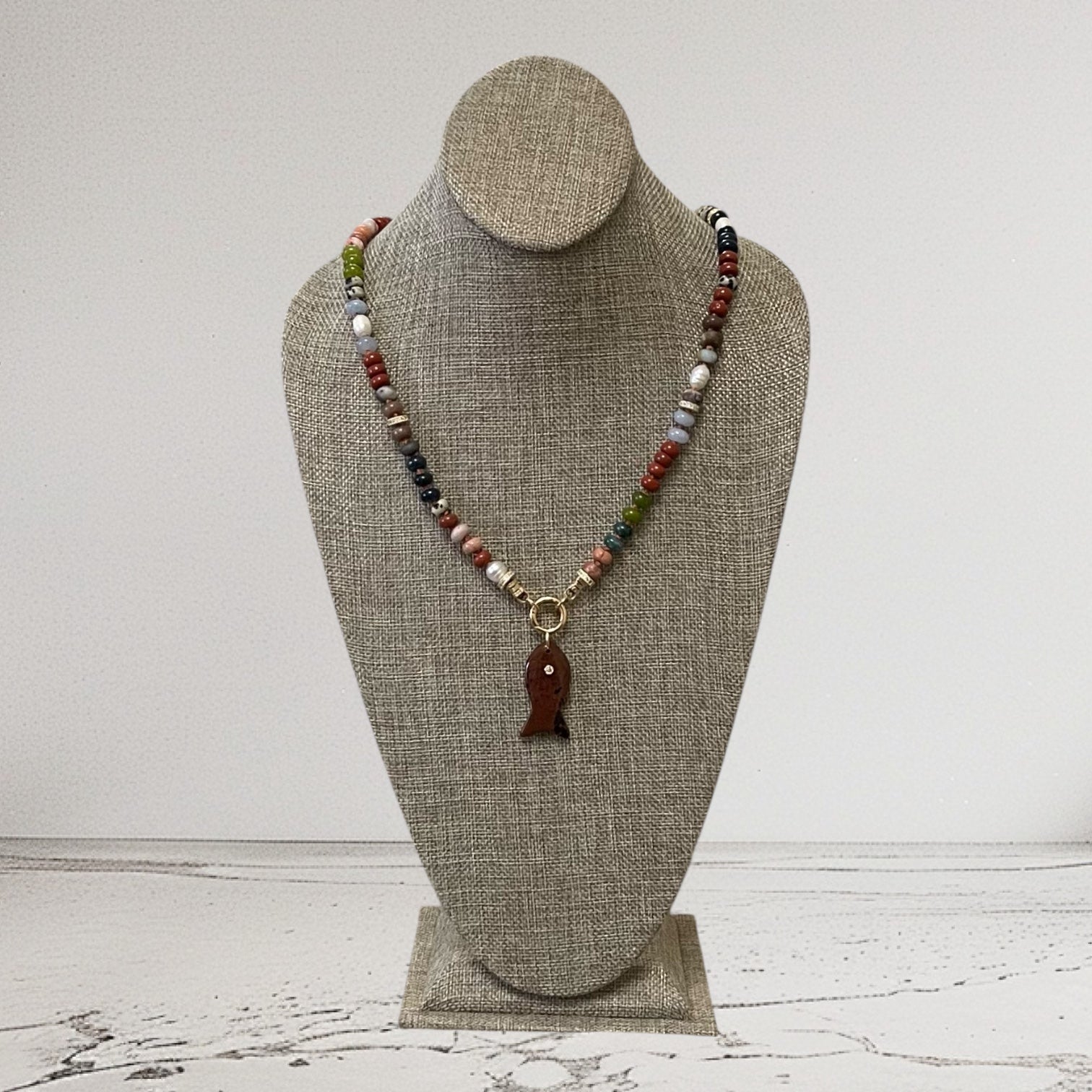 Reel Beauty 🎣 Mixed Gemstone necklace with Gold accents Gemstone fish pendant 4 options