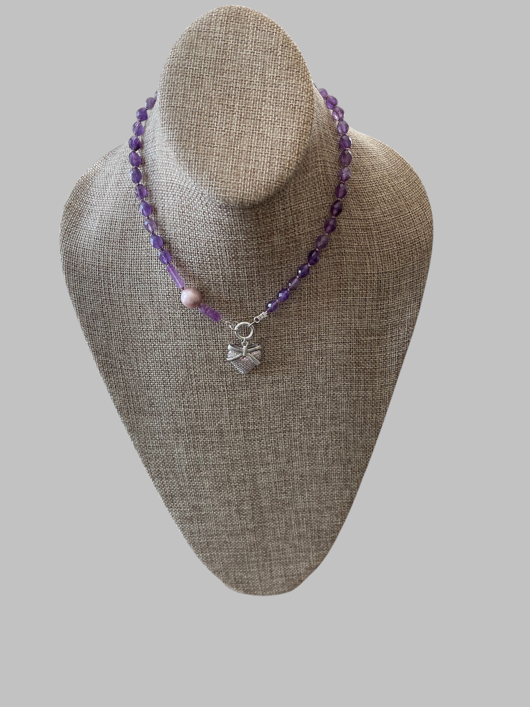 The Amelia Necklace OOAK: Faceted Amethyst hand knotted with a lavender Edison Pearl & pavé heart Silver accents