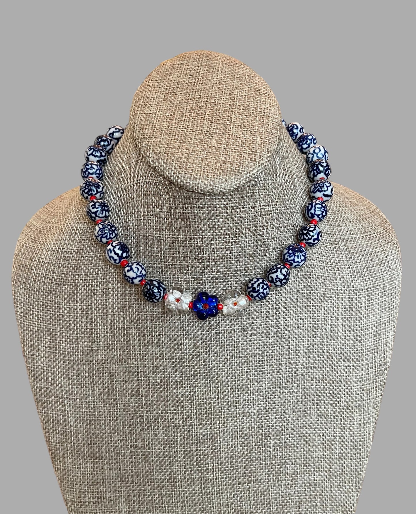 Blue Blossoms Necklace: Porcelain Chinoiserie Style Beads w Glass Flowers