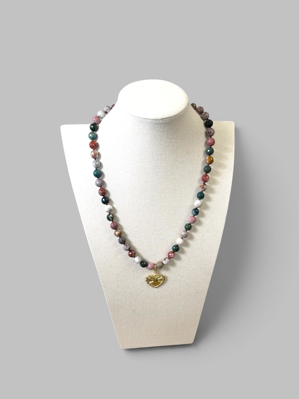 Heart & Soul Necklace: Faceted Ocean Jasper handknotted on deep burgundy. Removable gold heart